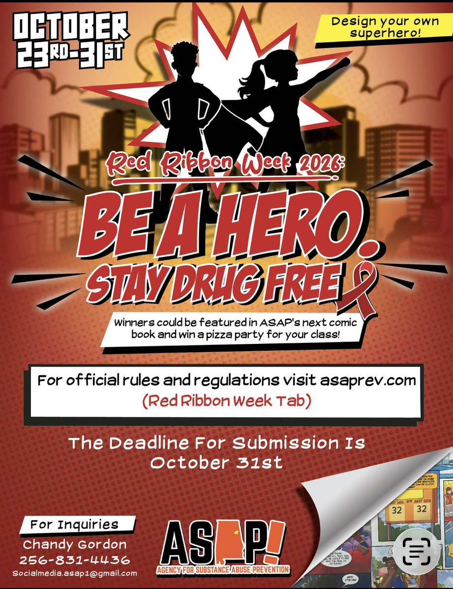 ASAP_PREVENTION's tweet photo. Be a Hero. Stay Drug Free!
Red Ribbon Week 2026 is here! Design your own superhero and show us how you choose to stay drug free! ✨
📅 Deadline: October 31st
Visit https://t.co/AB0Loe9qXM for official rules and details!
#RedRibbonWeek2026 #BeAHero #StayDrugFree #TeamASAP https://t.co/kkKxbdxoKd