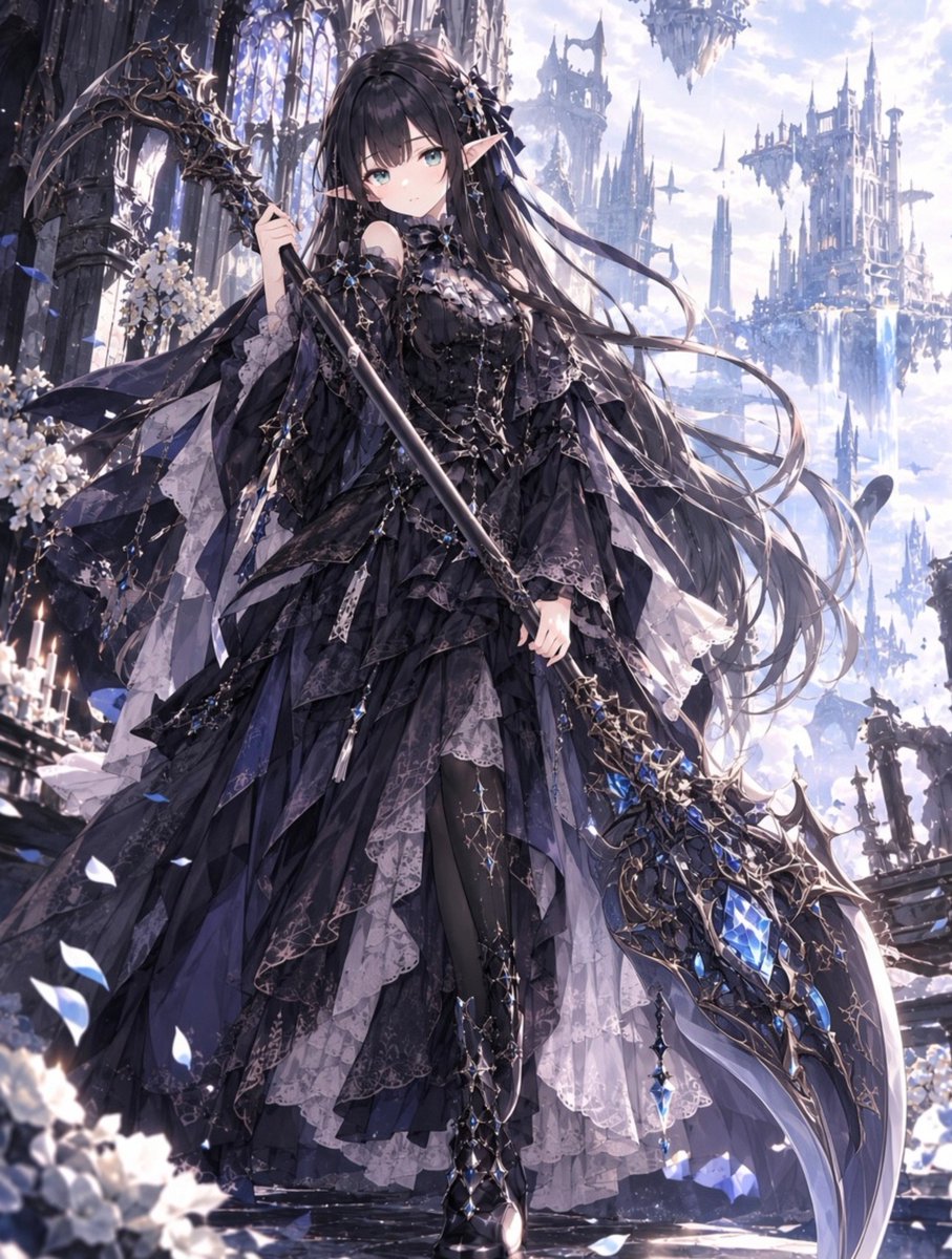 lunae_kocr's tweet photo. ラオ殿に紹介いただいた魔法の呪文で。
大きな武器をもった姿に変身でございますー。

槍のような鎌のような……？？ 
青い石のついた刃がとても綺麗です(*´◡`*) https://t.co/JIoFPu46aF