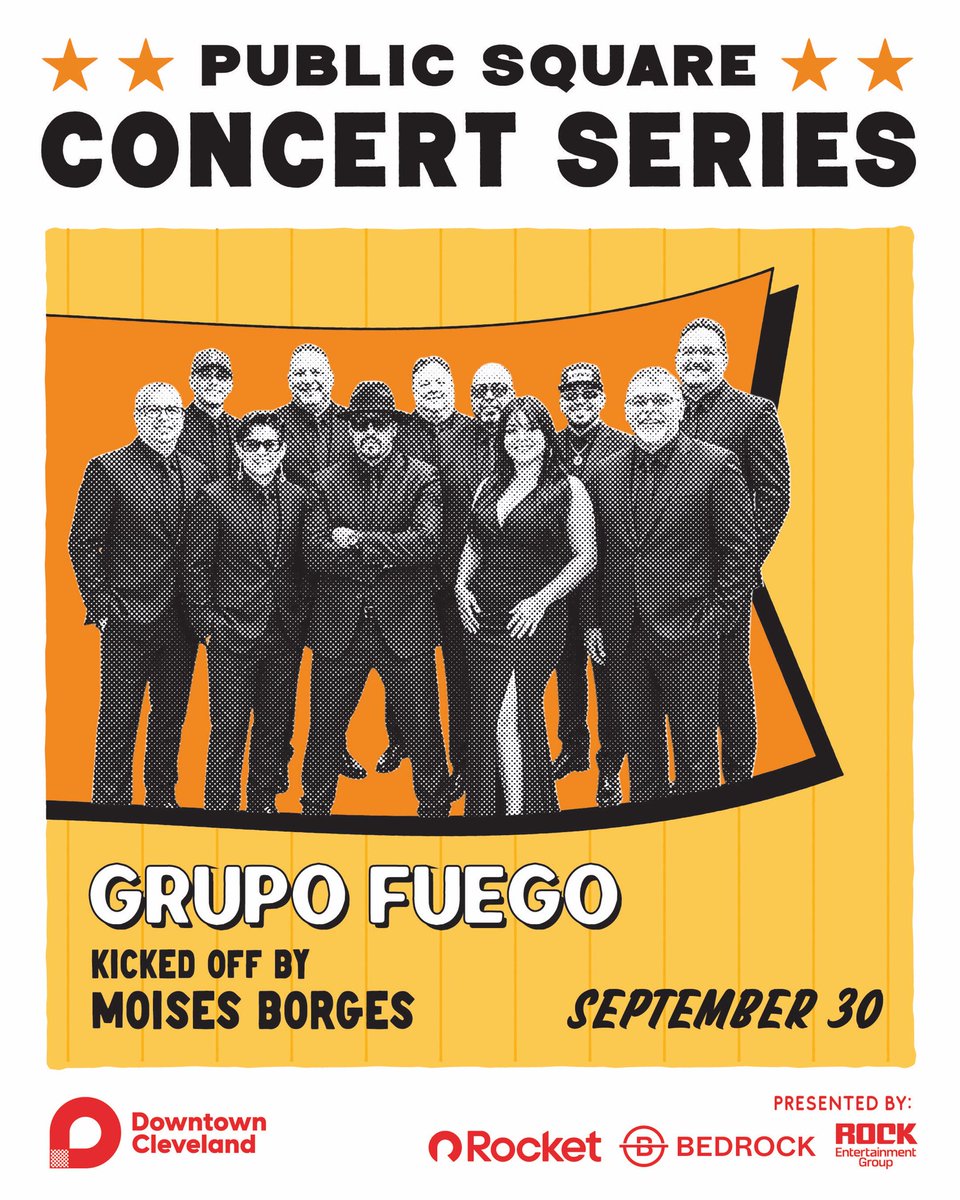 DowntownCLE's tweet photo. Join the party at tonight’s final Public Square Concert of the year, headlined by Grupo Fuego and kicked off by Moises Borges!💃🎺

Enjoy a lively evening of Latin rhythm from 5-8pm on the Square. Get ready to dance the night away in the middle of downtown! https://t.co/HFRA5IxGpy