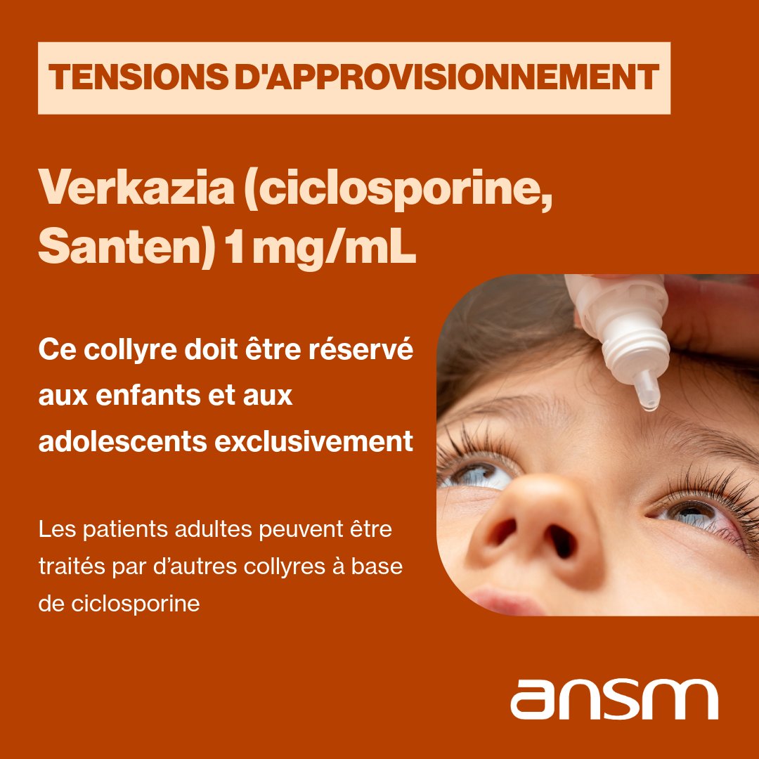 ansm's tweet photo. Verkazia fait l’objet de fortes tensions d’approvisionnement qui devraient durer jusqu’en décembre 2026 ➡️ Nous demandons aux pros de santé de réserver Verkazia aux patients pédiatriques, conformément à son AMM 🔗https://t.co/o6xaeZwWQG https://t.co/IgTV6FJcpr