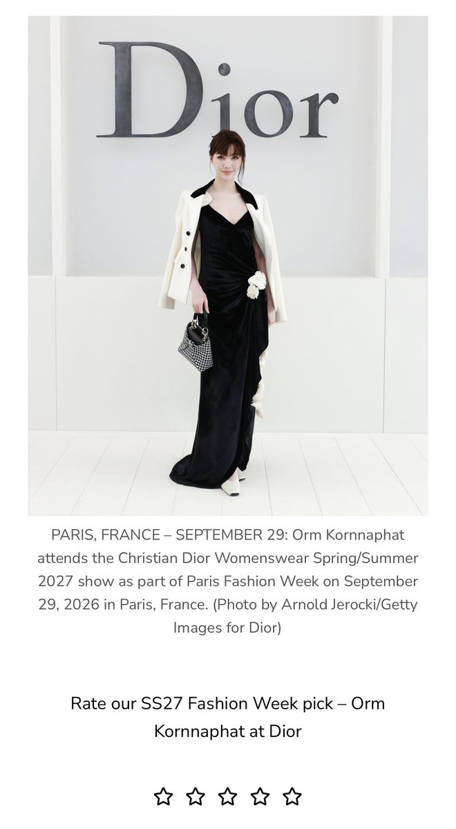 OrmKorn_fans's tweet photo. Dior ambassador Orm Kornnaphat attended the Christian Dior Spring/Summer 2027 show at Paris Fashion Week. 

She stunned in a sophisticated black-and-white look, pairing a black velvet wrap dress with an off-white jacket draped over her shoulders. The romantic ensemble was completed with floral appliqués, a houndstooth Dior Cigale bag, two-tone heels, wispy bangs, and brown smokey eye makeup.  

Please let's show our support by voting 5 stars for Orm Kornnaphat. ⭐️⭐️⭐️⭐️⭐️

#OrmKornnaphat 
#DiorSummer27 #Dior #PFW 
#LingOrmDiorSummer27