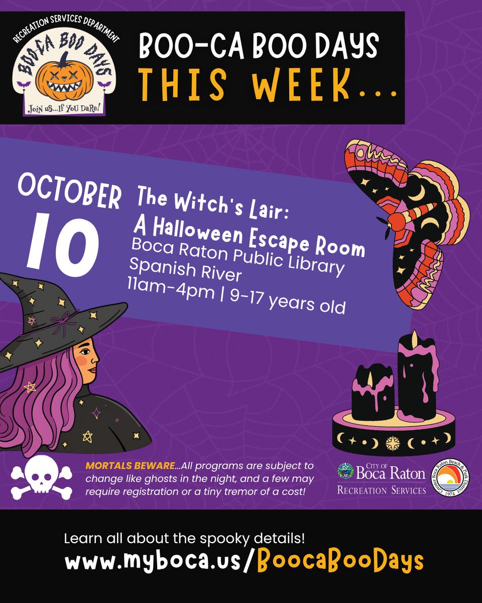 BocaRecreation's tweet photo. 🧙 Escape The Witch’s Lair! Solve creepy clues &amp; break the curse in this FREE Halloween escape room.
📅 Oct. 10, 11am–4pm
📍 Spanish River Library
👻 Ages 9–17. Registration required.
https://t.co/HXDOM7rg5F https://t.co/HVUvLgL1EC