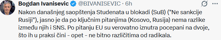 vladimir_mihic's tweet photo. Ne mogu ni da se bavim ovim više, još samo ovo.

U zemlji u kojoj možete poginuti svaki dan na ulici, u vrtiću, školi ili na železničkoj stanici, u kojoj vam gradonačelnik može slomiti nos dok šetate psa, u zemlji u kojoj se sistemski uništava nastarija novosadska gimnazija, u zemlji u kojoj Filozofski fakultet u Nišu dva meseca ne dobija ni dinara od države zato što ne pristaje na ucene da se pocepa na dva fakulteta, u zemlji u kojoj su stotine nastavnika i profesora otpušteni iz osnovnih i srednjih škola i sa fakulteta, u zemlji gde je šestoro mladih u izgnanstvu zato što što su žrtve nameštene političke optužnice, u zemlji gde se ženama sa paradržavnog servisa preti silovanjem zato što su se usudile da se suprotstave silovateljima, u zemlji u kojoj se uništava priroda zarad građevinskog interesa, u zemlji gde se kao junaci slave ratni zločinci i patrijarh im služi opelo, u zemlji gde deca ginu u porodičnoj šetnji pregaženi od strane bahatih kriminalaca, u zemlji gde ministar kulture pokušava da uništi zaštićeno kulturno dobro...

U toj zemlji je ključno pitanje da li ćemo odmah 26.10. uvesti sankcije Rusiji??!!

Gospodine, Vama mora da je jako dobro u životu (i da ste užasno sebični) kada Vam je ovo ključno pitanje.