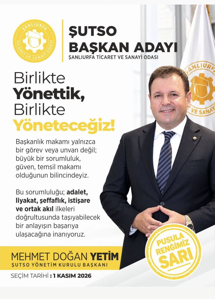 AvAhmetkas's tweet photo. Şanlıurfa Ticaret ve Sanayi Odası, şehrimizin ticaret ve sanayi hayatının ortak aklını temsil eden önemli bir kurumdur.

Bu makamda tecrübenin, kurumsal hafızanın, istişarenin ve somut icraatın esas alınması gerektiğine inanıyoruz.

Pusulamız sarı, desteğimiz Mehmet Doğan Yetim’e https://t.co/27jmnvOEHi