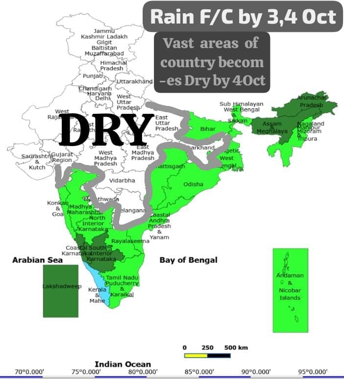 anupamkashyapi's tweet photo. Moisture from NW,West,Cntral India depleting,creating condn favorable for further withdrawal of monsoon upto Guj,MP,parts of Maharstra, Chttisgrh,Bihar,Jhrkhnd in nxt 2-3days: F/C indicates,by 4 Oct,vast areas of country become dry(no rain likely) including areas of Marthwda,Vid. https://t.co/zg2QFlRVZc
