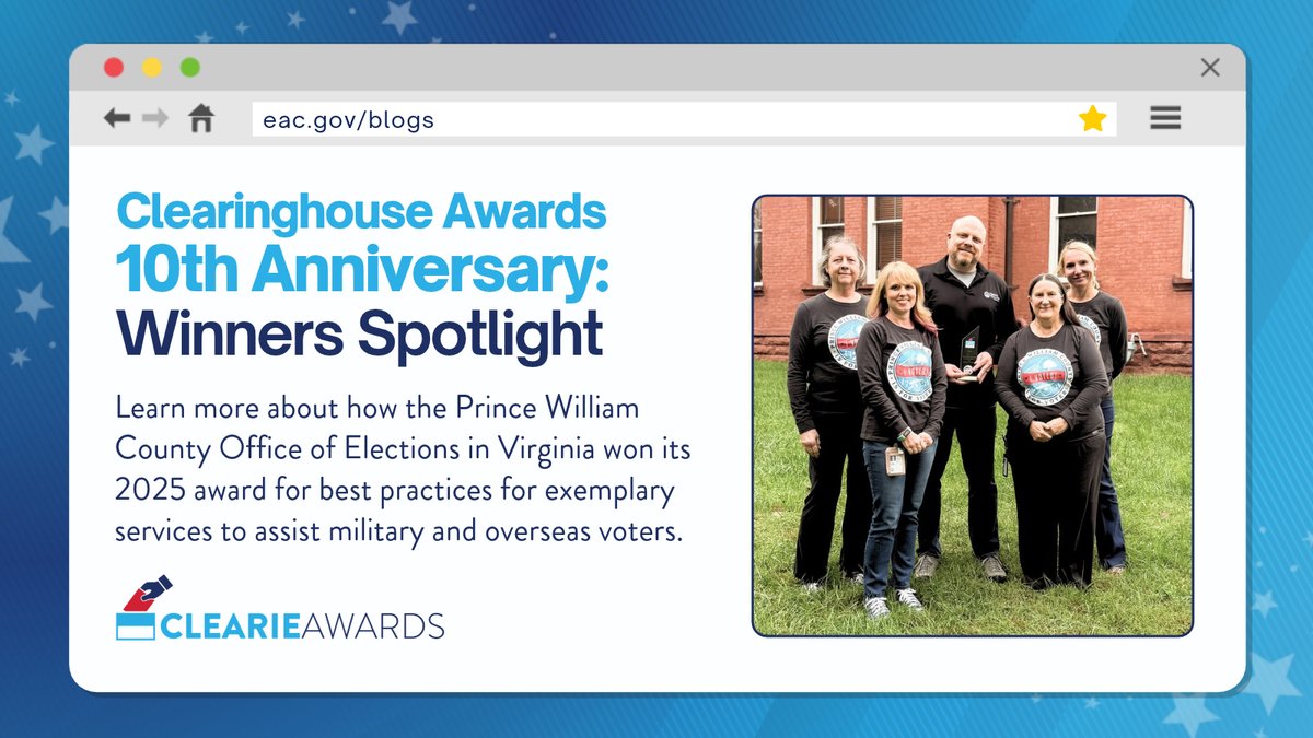 EACgov's tweet photo. Celebrating 10 years of the Clearies! 🗳️ @EACgov caught up with @PWCVotes, VA to talk about their award-winning UOCAVA Connect program that improved outreach for military &amp; overseas voters. 🔗 Read the full blog here: https://t.co/4tyZjpGtvQ https://t.co/j255MPQD5u