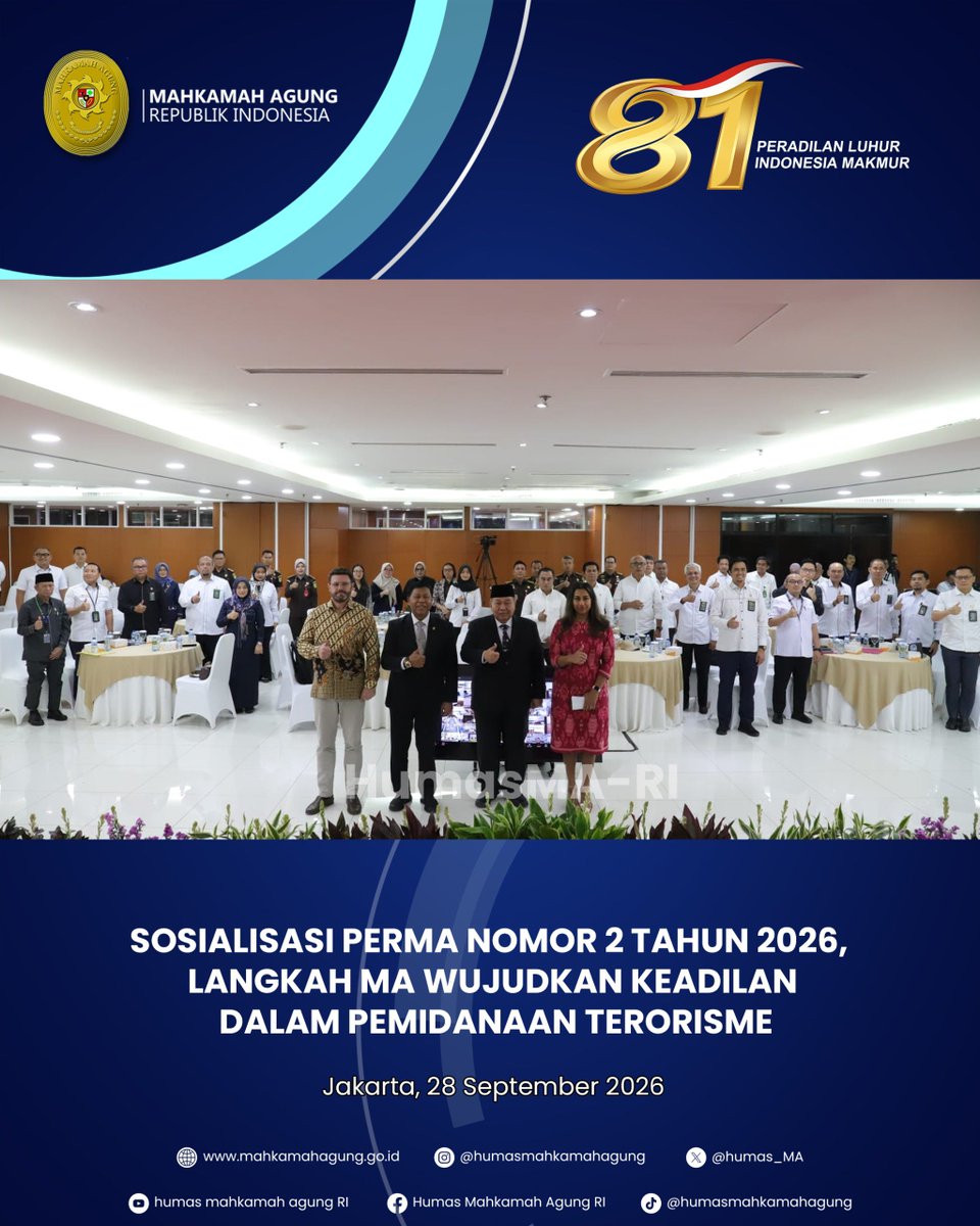 Humas_MA's tweet photo. SOSIALISASI PERMA 2/2026, LANGKAH MA WUJUDKAN KEADILAN DALAM PEMIDANAAN TERORISME

Berita selengkapnya silahkan klik https://t.co/E2O8Q33Mg0 atau kunjungi website resmi Mahkamah Agung RI di https://t.co/Jza3JsYw5Q untuk berita lainnya. 

#MahkamahAgungRI
#HumasMahkamahAgung https://t.co/cGj6fSlaV2