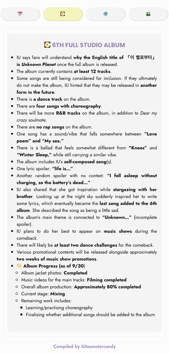 IUteamstarcandy's tweet photo. #ICYMI Uaenas, here’s a compilation of the official spoilers from @_IUofficial regarding her upcoming activities 💫🤩

📅 Her Schedule
💽 6th Full Studio Album
🌍 2nd World Tour 
🎬 Acting Project 

Updated as of 2026 Sep 30 
#IU #아이유 https://t.co/ifkbdoRvNh