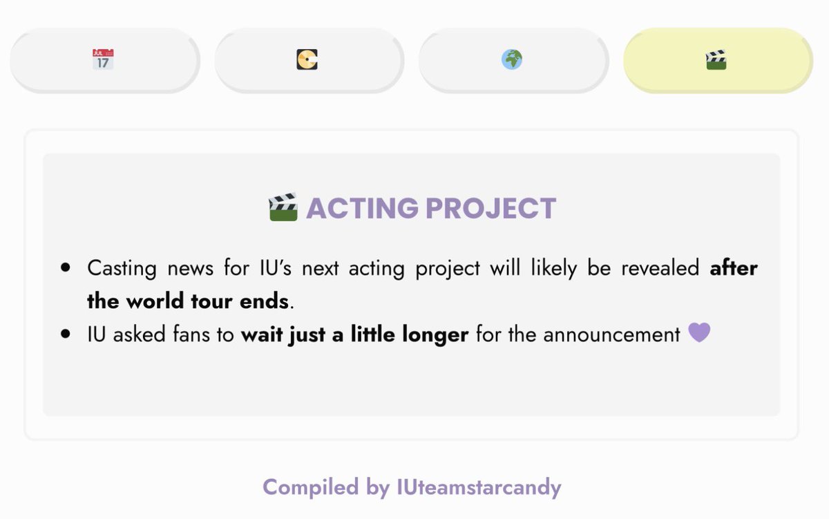 IUteamstarcandy's tweet photo. #ICYMI Uaenas, here’s a compilation of the official spoilers from @_IUofficial regarding her upcoming activities 💫🤩

📅 Her Schedule
💽 6th Full Studio Album
🌍 2nd World Tour 
🎬 Acting Project 

Updated as of 2026 Sep 30 
#IU #아이유 https://t.co/ifkbdoRvNh