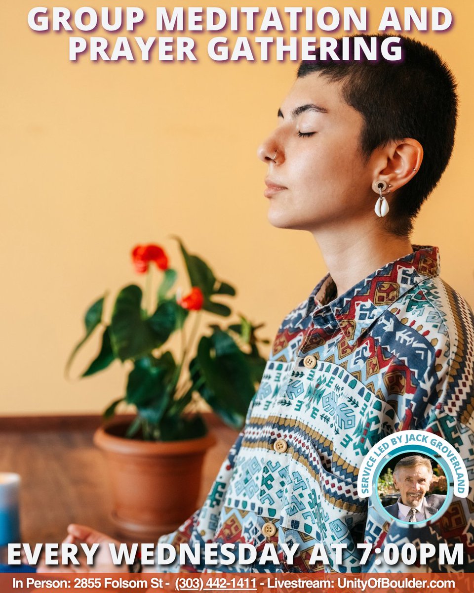UnityBoulder's tweet photo. Clear your mind and reset your week. Jack Groverland leads our Group Meditation and Prayer Gathering every Wednesday at 7 PM. Stop by 2855 Folsom Street or catch the live broadcast online. Take a deep breath, release your stress, and find your center today.

#boulder #meditation https://t.co/ztpbrd9soP