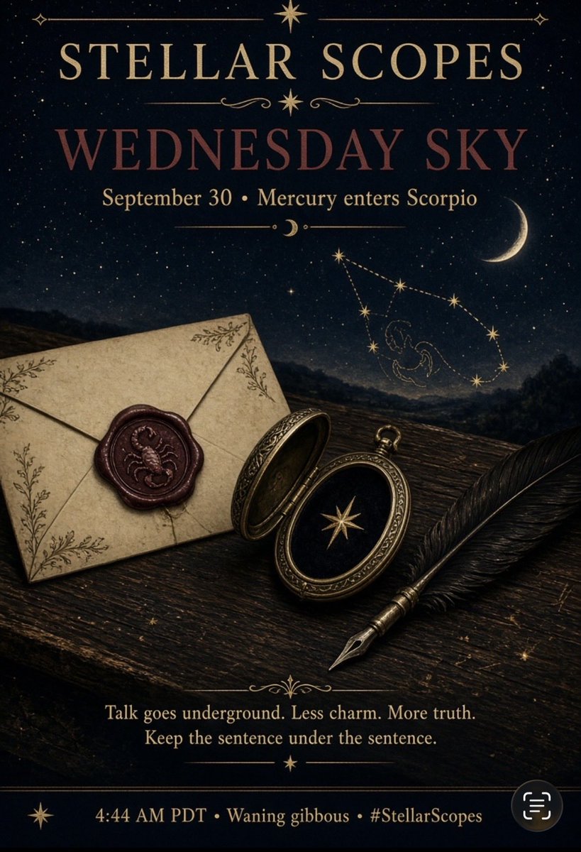 StellarScopes_'s tweet photo. Mercury enters Scorpio.
Talk goes underground.
Less charm. More truth.
Keep the sentence under the sentence.
4:44 AM PDT • Waning gibbous
#StellarScopes #MercuryInScorpio #WednesdaySky https://t.co/EQmxc7xOIQ