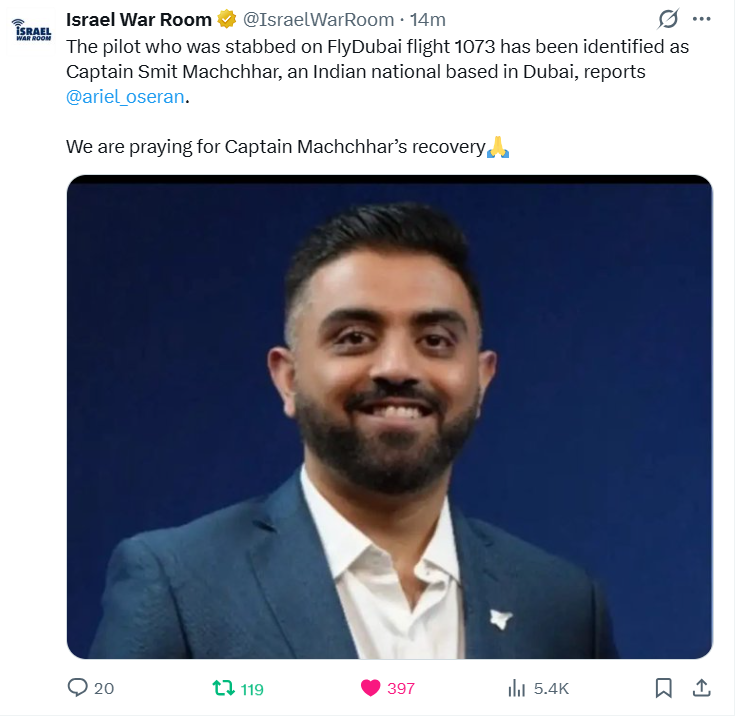 end_reservnuvm's tweet photo. @BRICSinfo 🚨🚨IT IS NOW OFFICIALLY CONFIRMED THAT THE PILOT IS AN INDIAN NATIONAL !! #Flydubai #FZ1073 #TerrorAttack #Hijack #PilotStabbed #IndianPilot #DubaiTelAviv #Israel #SaudiArabia #AviationSecurity https://t.co/H8F3QN9m6Q