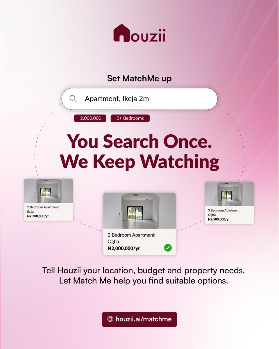 HouziiAI's tweet photo. You search once. We keep on looking.

Tell Houzii Match Me your budget, location and property needs. We’ll alert you when suitable matches become available.

Less scrolling. More living.

https://t.co/eUlAkJCNbw
#HouziiMatchMe https://t.co/YFjjH9SnaP
