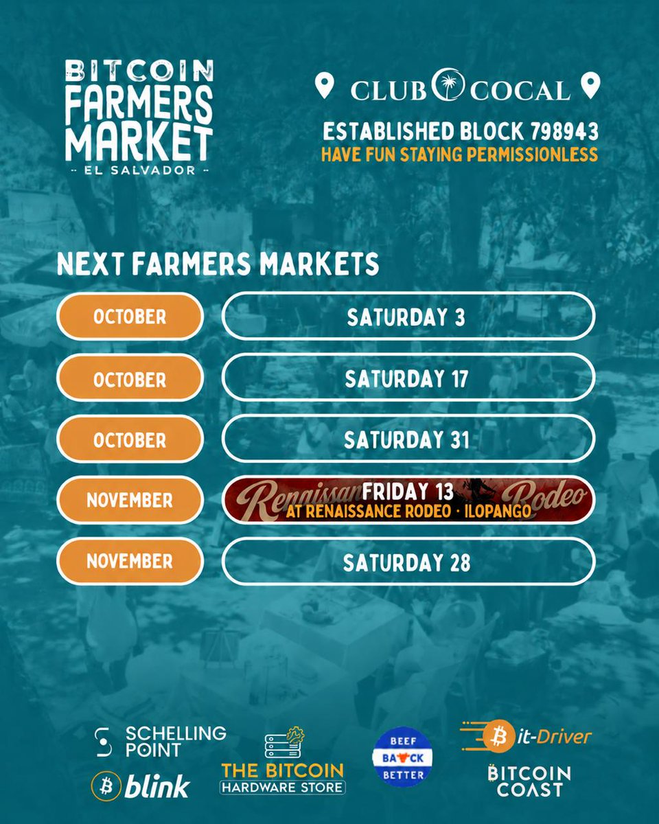 btcfarmersmrkt's tweet photo. Many thanks to @blinkbtc @bitdriver_sv @tbhs_sv @BitcoinCoast_sv @SchellingP21 @beefbackbetter https://t.co/80LCdqytGv