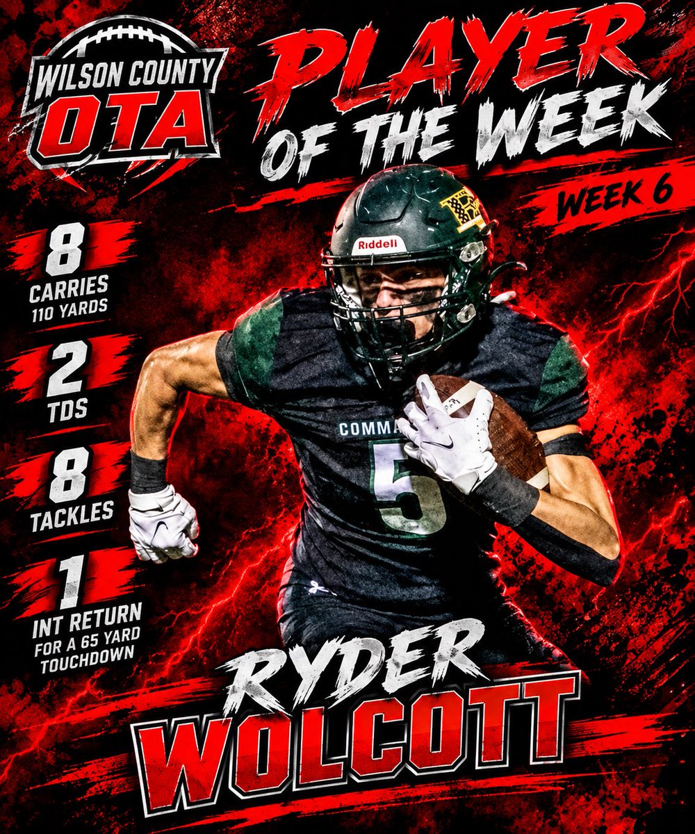 OnTopAthletics's tweet photo. Week 6 Wilson County OTA Player of the Week is Ryder Wolcott. Ryder played a big role on both sides of the ball in victory last Friday night. @d1highlights @fcs_commanders @CoachBLoveless9 @MISTA_10 @bestXthatXists @CoachSpringtym @thompsmd23 @RN_JK808 https://t.co/dyyaoXSXFN
