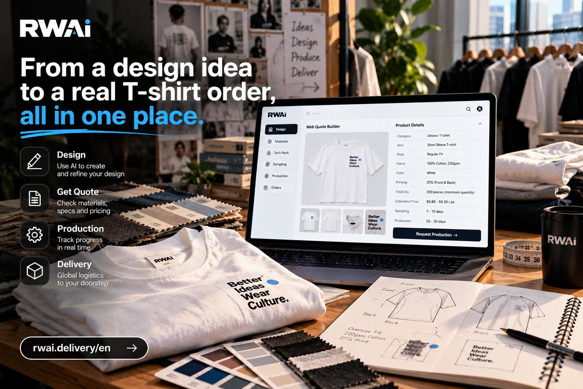RWAI_Delivery's tweet photo. From a design idea to a real T-shirt order. 👕

Tell RWAI what you want, refine the product details, 
review materials and specs, and move toward production.

all through one connected workflow.

AI is useful when the result doesn’t stay on the screen. ⚡

🌐 https://t.co/EJtVQUMm5K
#RWAI #FashionTech #ApparelManufacturing