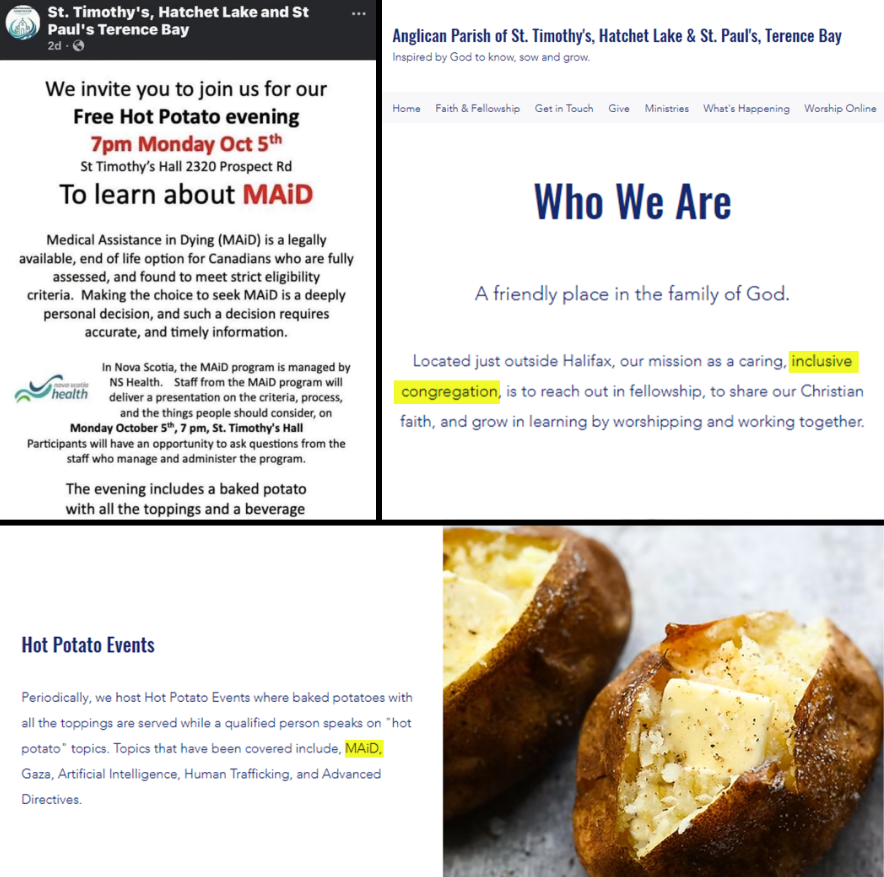 libsoftiktok's tweet photo. An "inclusive" church in Canada partnered with government officials to host an event teaching people how they can K*LL themselves.

Don't worry, attendees get a free baked potato!

The church's post and FB page appear to have been deleted, but they still mention the event on their website.