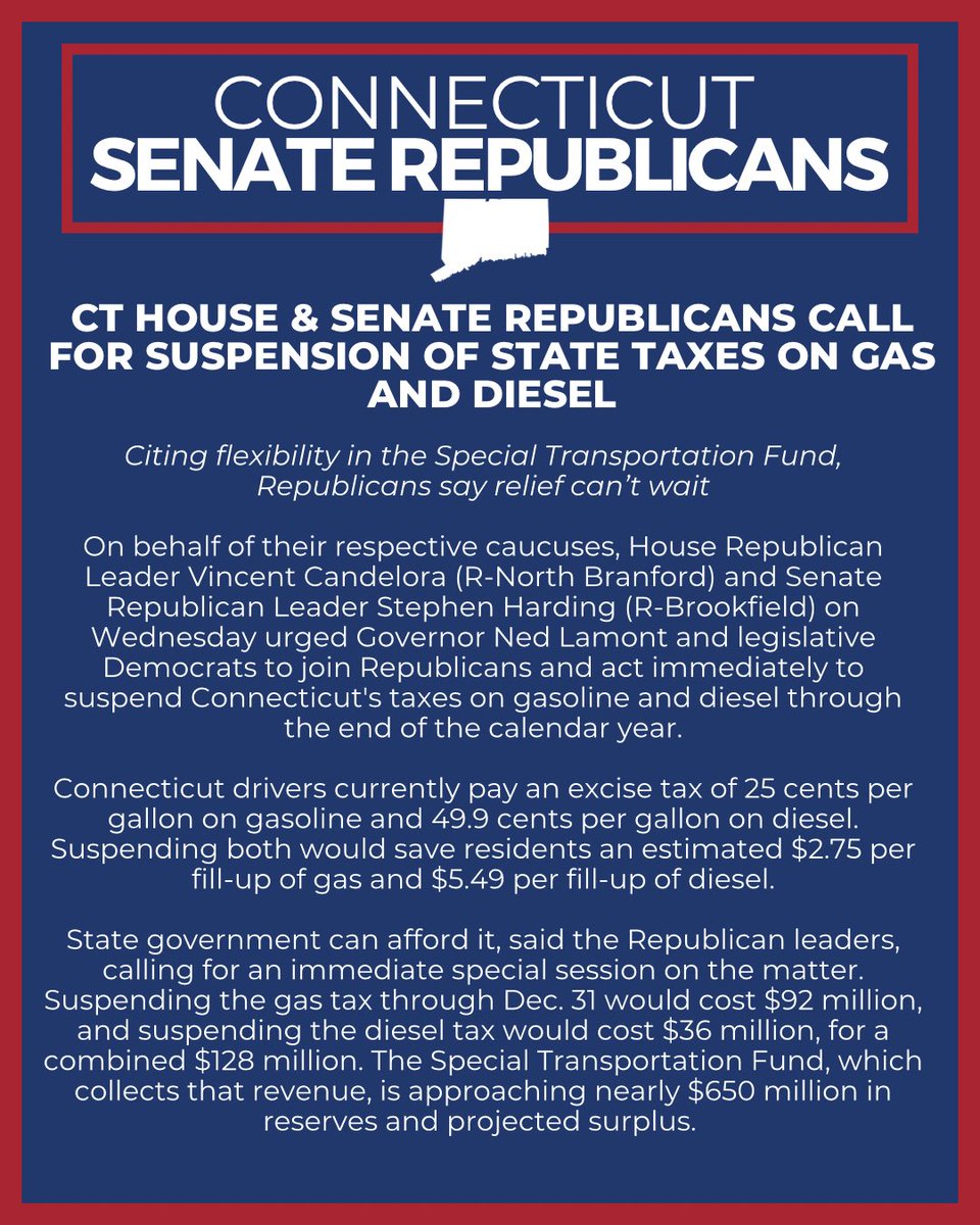 CTSenateGOP's tweet photo. ⛽️CT House &amp; Senate Republicans Call for Suspension of State Taxes on Gas and Diesel. https://t.co/mvfdo4gJmp