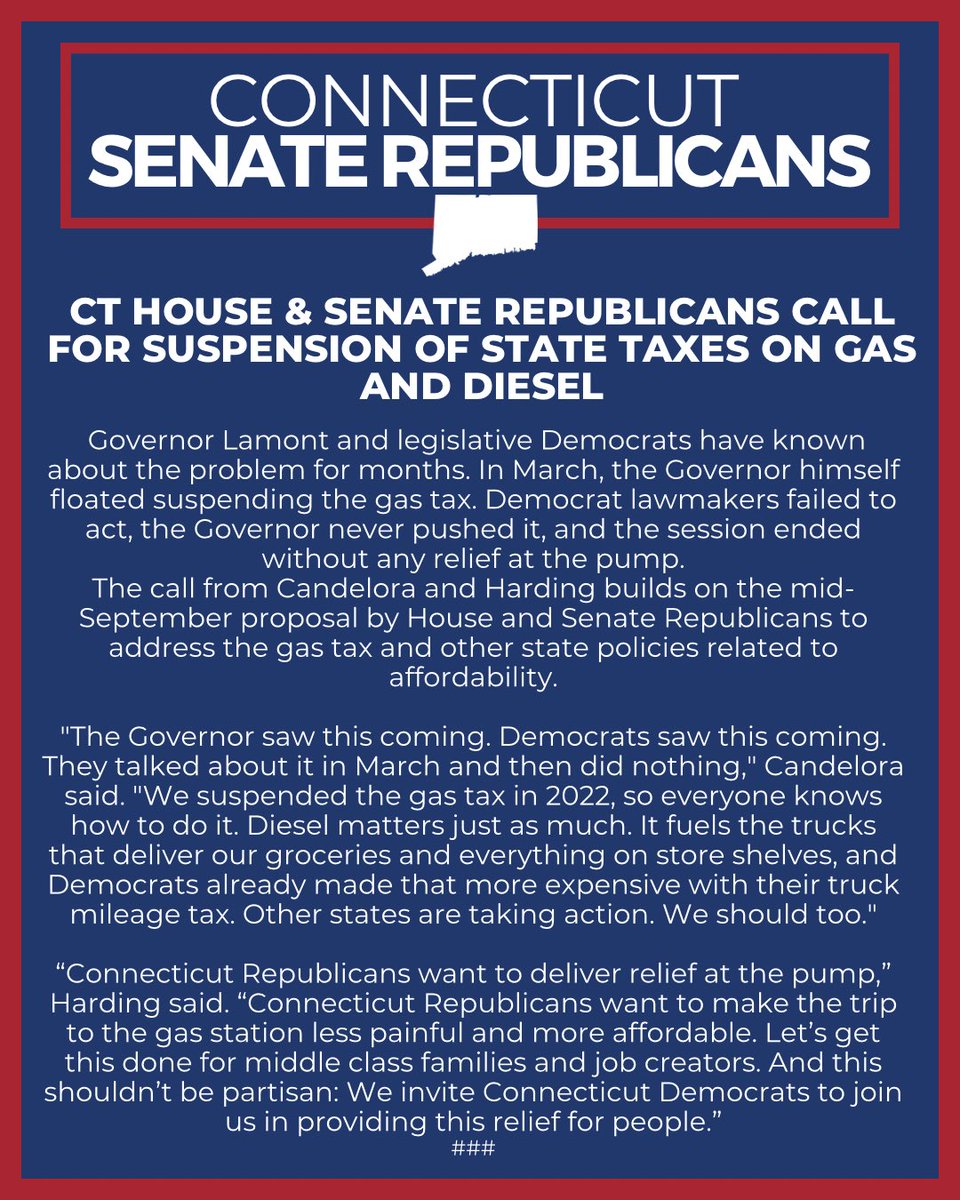 CTSenateGOP's tweet photo. ⛽️CT House &amp; Senate Republicans Call for Suspension of State Taxes on Gas and Diesel. https://t.co/mvfdo4gJmp