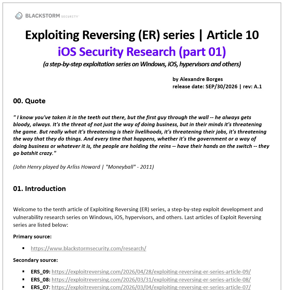 ale_sp_brazil's tweet photo. Exploiting Reversing (ER) Series | Article 10: iOS Security Research (part 01)

223 pages, free. The first article in the series aimed at iOS itself, and the opening of a multi-part sequence.

Published on:

https://t.co/VlebcByqKG

This article will be published on https://t.co/GBDi0lO8Zd next week. 

I would like to thank Ilfak Guilfanov (@ilfak) and Hex-Rays SA (@HexRaysSA) for the continuous support. 

Hope you enjoy the read!

#iOS #Apple #VulnerabilityResearch #ExploitDevelopment #ReverseEngineering
