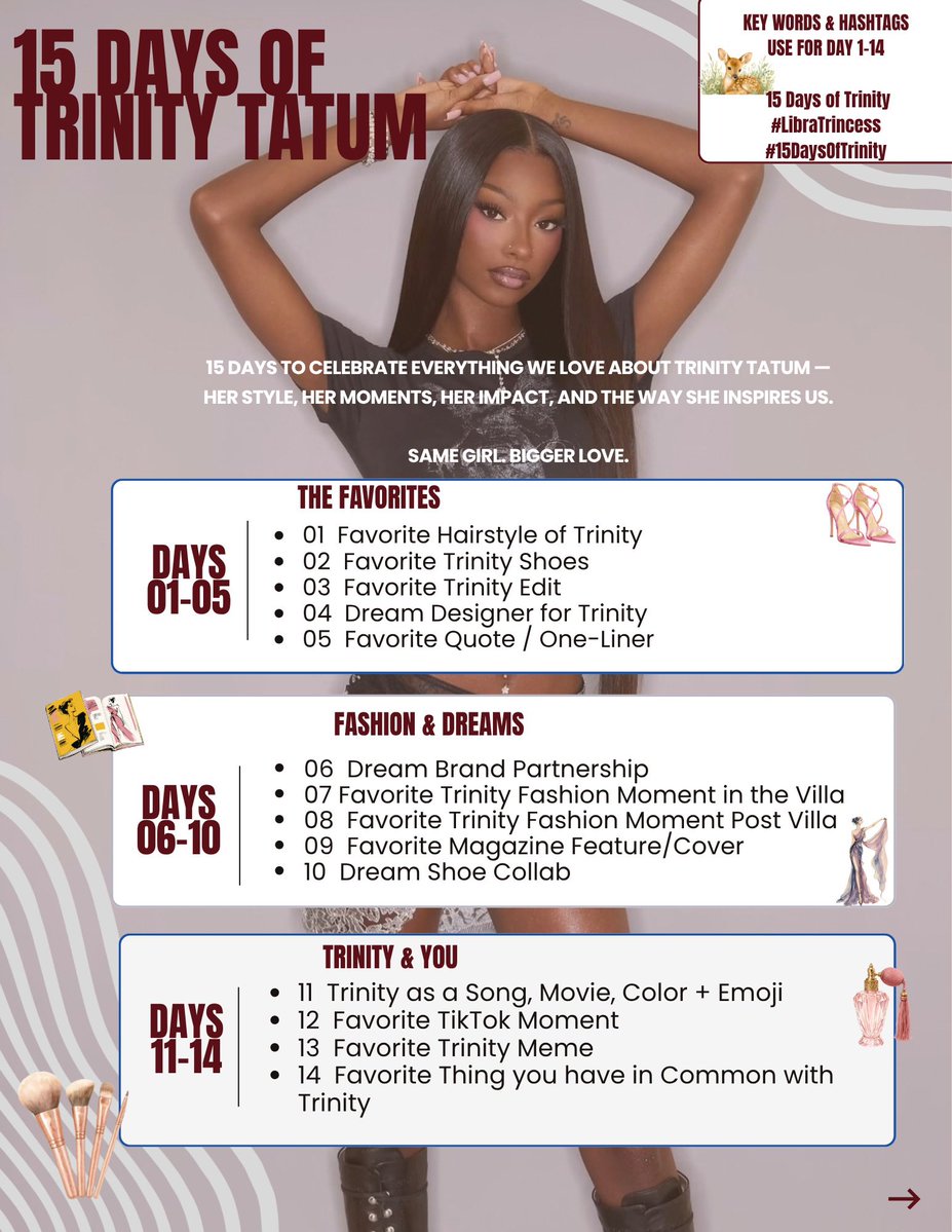 BrinityNews's tweet photo. 15 DAYS OF TRINITY 💗

In celebration of Trinity’s birthday, we’re coming together for 15 days to celebrate her style, moments, impact, and everything we love about her.

Alongside the celebration, we’re honoring Trinity with a Shelter Giveback to a local shelter in her hometown, turning our love and support into something meaningful for her community.

Join us each day using the keywords 15 Days of Trinity and the hashtags #15DaysOfTrinity and #LibraTrincess.