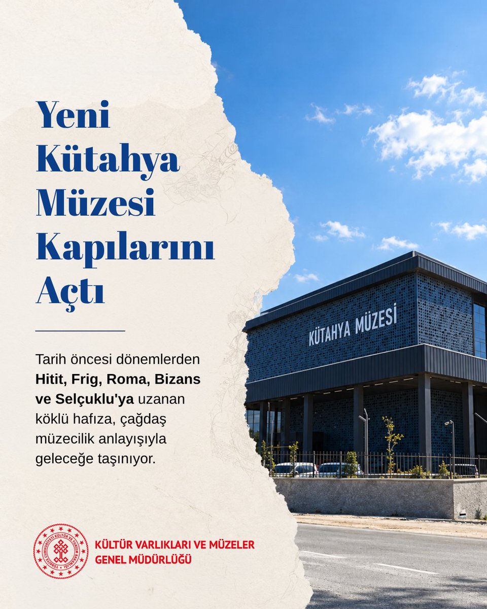 kvmgm's tweet photo. Yeni Kütahya Müzesi kapılarını ziyarete açtı!🏛️

Kültür ve Turizm Bakanımız Sayın @MehmetNuriErsoy ’un katılımlarıyla açılışı gerçekleştirilen müze; tarih öncesi dönemlerden Hitit, Frig, Roma, Bizans ve Selçuklu'ya kadar uzanan köklü bir hafızayı çağdaş müzecilik vizyonuyla geleceğe taşıyor. 

Arkeoloji, Kent-Etnografya, Çini, Maden ve Çocuk Müzesi olmak üzere beş farklı tematik bölümden oluşan komplekste; Seyitömer Höyük ve "Geleceğe Miras Projesi" kapsamındaki Aizanoi Antik Kenti kazılarından çıkarılan arkeolojik eserlerin yanı sıra Osmanlı ve Erken Cumhuriyet Dönemi etnografik eserleri ile Selçuklu'dan günümüze uzanan Kütahya çiniciliğinin seçkin örnekleri de sergileniyor. 

Sadece bir sergi alanı değil; eğitim, etkinlik ve kültür ortamı olarak da hizmet veren yeni Kütahya Müzesi ziyaretçilerini bekliyor. 

#KütahyaMüzesi #Kütahya #KVMGM #GeleceğeMiras #KültürelMiras