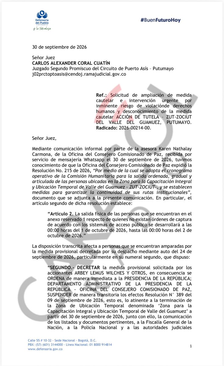 UltimaHoraCR's tweet photo. #Exclusivo @CaracolRadio conoció que la Defensoría del Pueblo (@DefensoriaCol) solicitó al juez de Puerto Asís,Putumayo, extender la orden que emitió para frenar el cierre de la Zona de Ubicación Temporal, ante la activación del gobierno del plan para que las 62 personas salgan del lugar. Aseguró la Defensora Irís Marin que hay un inminente riesgo de violación de derechos. Vía @Crriss88 
https://t.co/woHMRjVE2M