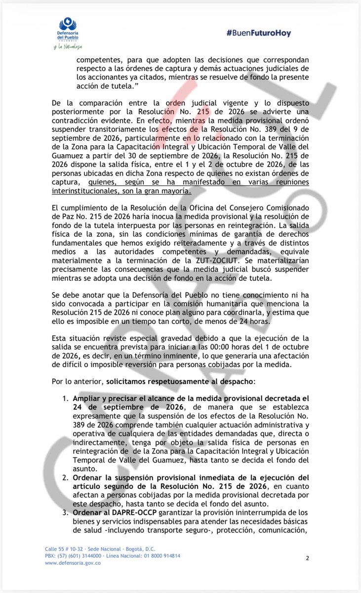 UltimaHoraCR's tweet photo. #Exclusivo @CaracolRadio conoció que la Defensoría del Pueblo (@DefensoriaCol) solicitó al juez de Puerto Asís,Putumayo, extender la orden que emitió para frenar el cierre de la Zona de Ubicación Temporal, ante la activación del gobierno del plan para que las 62 personas salgan del lugar. Aseguró la Defensora Irís Marin que hay un inminente riesgo de violación de derechos. Vía @Crriss88 
https://t.co/woHMRjVE2M