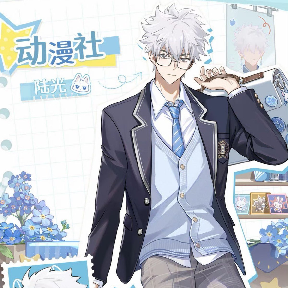 meowshis's tweet photo. In the anime club, the small cat keychain and pins on his bag, the cosplay photo behind him, the standee on the shelf, the photos of the trio, the forget-me-nots, the tablecloth pattern resembling a clock, the glasses.. I'd sacrifice an oomf to just stare at this Lu Guang. https://t.co/6wE7TKTdg1