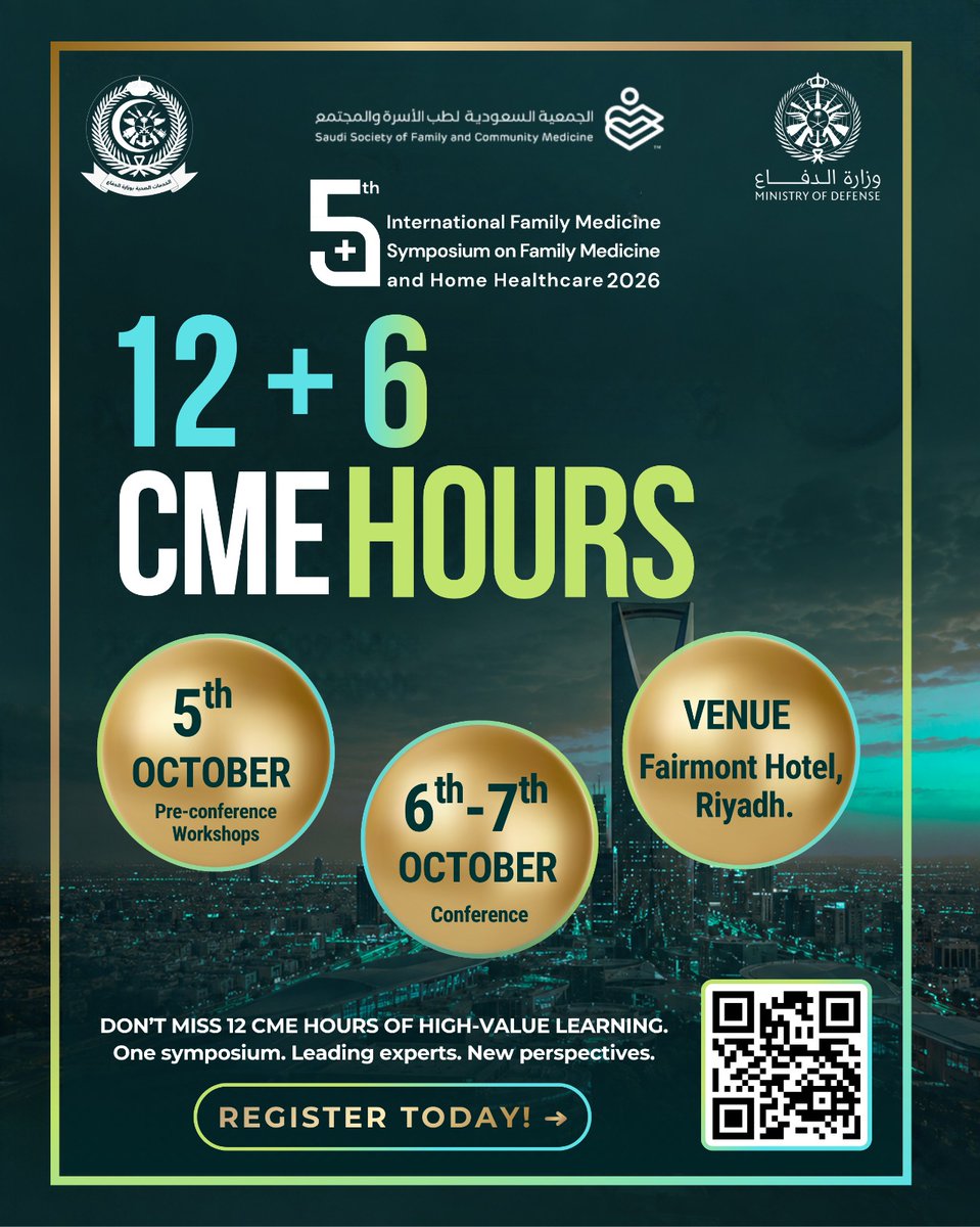 MCIAlRowad's tweet photo. Next week in Riyadh: 12 CME hours in two days.

The 6 workshop hours sold out. Conference seats remain for 6-7 October.

Accredited by SCFHS.

5th International Family Medicine Symposium
Fairmont Hotel, Riyadh
Register: https://t.co/2DveBJvoHr https://t.co/OBfw88gGEA