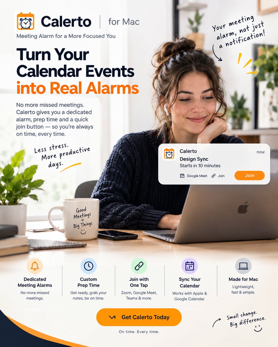 RJiOSDEV's tweet photo. write caption for this post
Your calendar should do more than tell you a meeting exists. ⏰

With Calerto, your calendar events become real meeting alarms giving you time to prepare, stay focused, and join without the last-minute rush.

🔔 Dedicated meeting alarms
⏱️ Custom prep time
🔗 One-tap joining
📅 Calendar sync
💻 Made for Mac
Less stress. More productive days.
Get Calerto today → https://t.co/jXy1arndIN

#Calerto #MacProductivity #ProductivityApp #MeetingAlarm #MacApp #RemoteWork #WorkProductivity