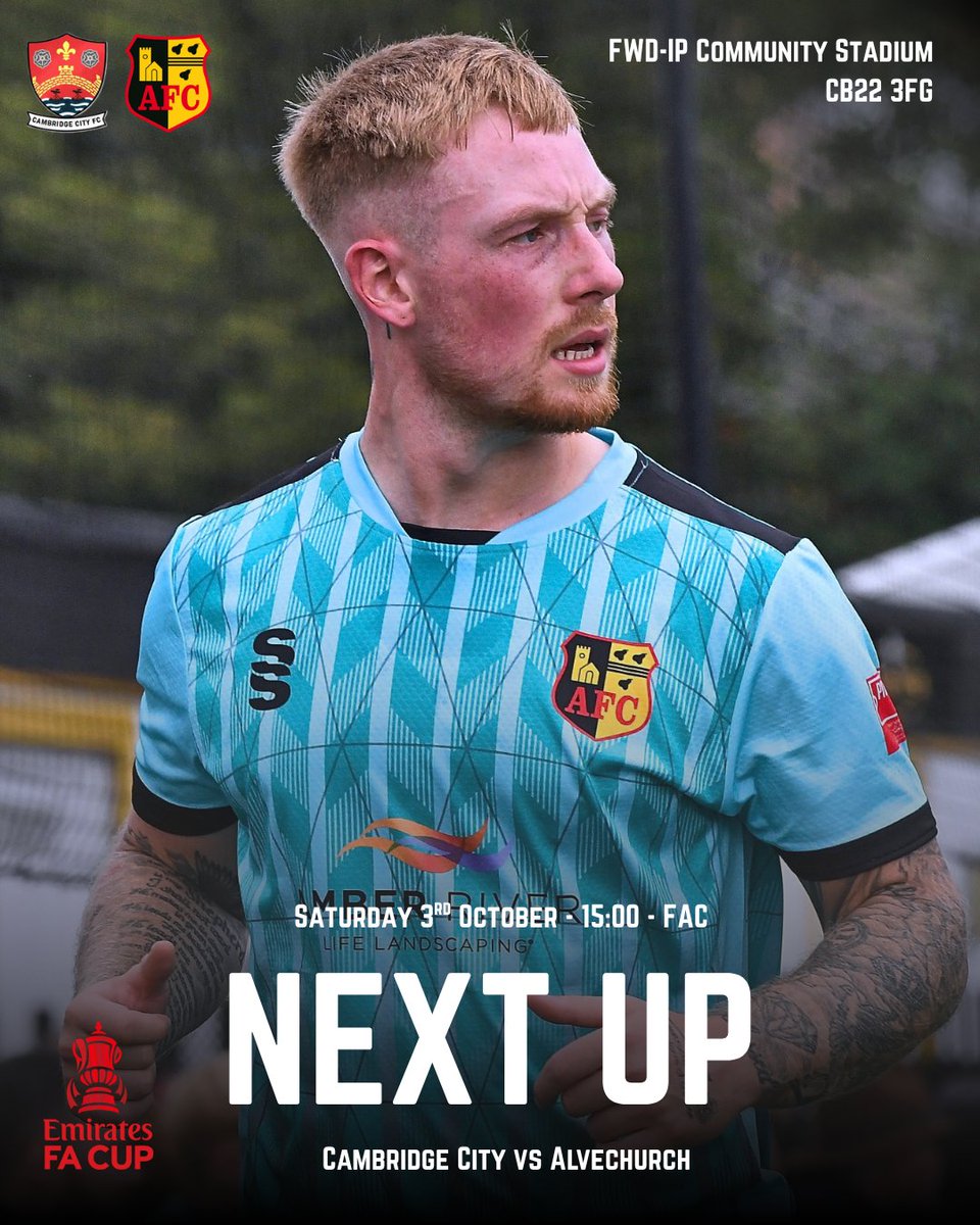 Alvechurch1st's tweet photo. NEXT UP: Church head east for a massive FA Cup tie 🏆

📅 Saturday 3rd October 2026
🆚 @cambridgecityfc 
⏰ 15:00
🏆 @EmiratesFACup 3rd Qualifying Round
🏟️ FWD-IP Community Stadium (CB22 3FG)
🎟️ Tickets: https://t.co/D0g1i00nwa (Also available on the day, but cheaper online) https://t.co/9eQBYe7NGz