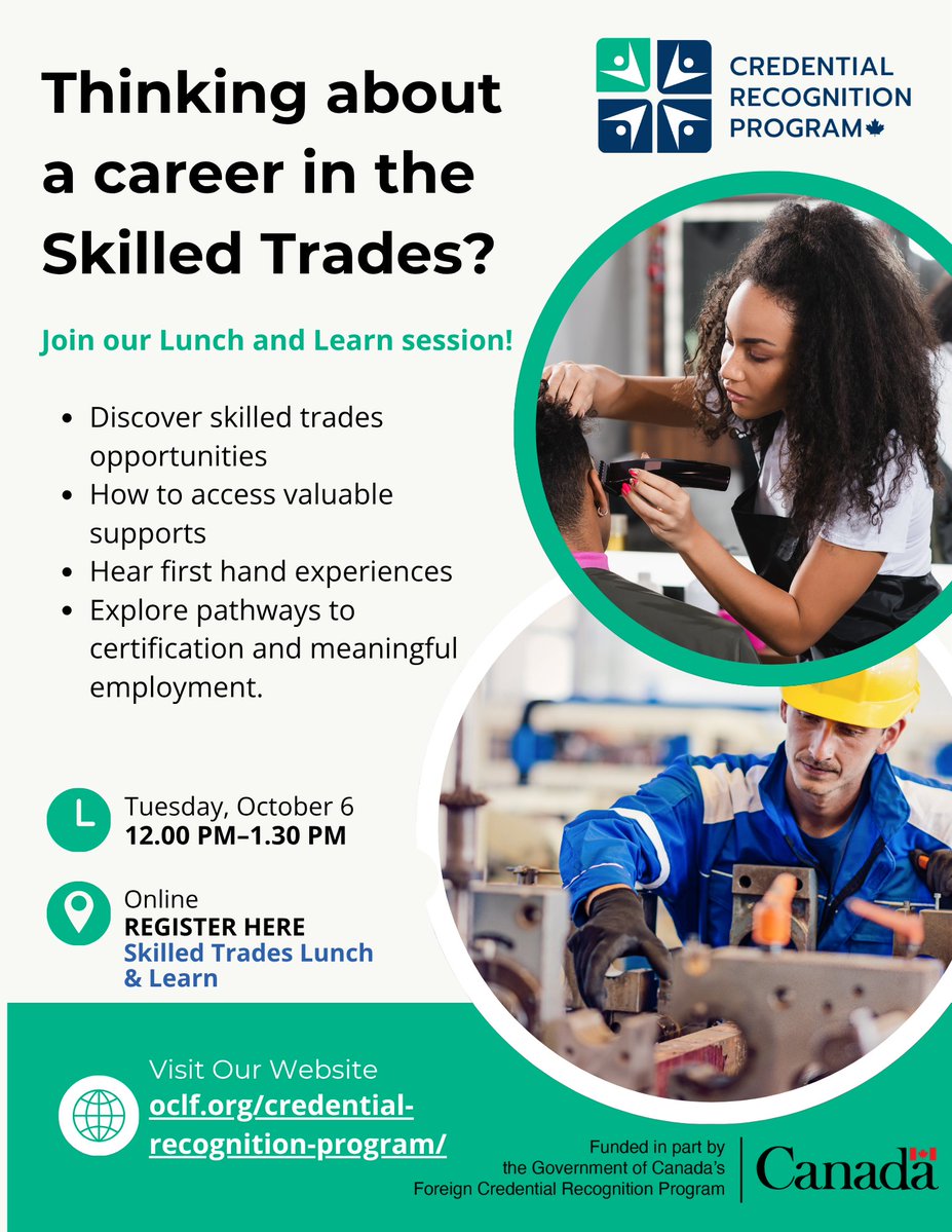 OCLF_FECO's tweet photo. 🔨 Thinking about a career in the skilled trades?

Join our FREE Skilled Trades Lunch &amp; Learn to explore career pathways, certification options, supports, and employment opportunities.

📅 Oct. 6 | 🕛 12 PM ET 🔗 Register: https://t.co/jaPvpnnvPF 

#SkilledTrades https://t.co/xbG5VedCad