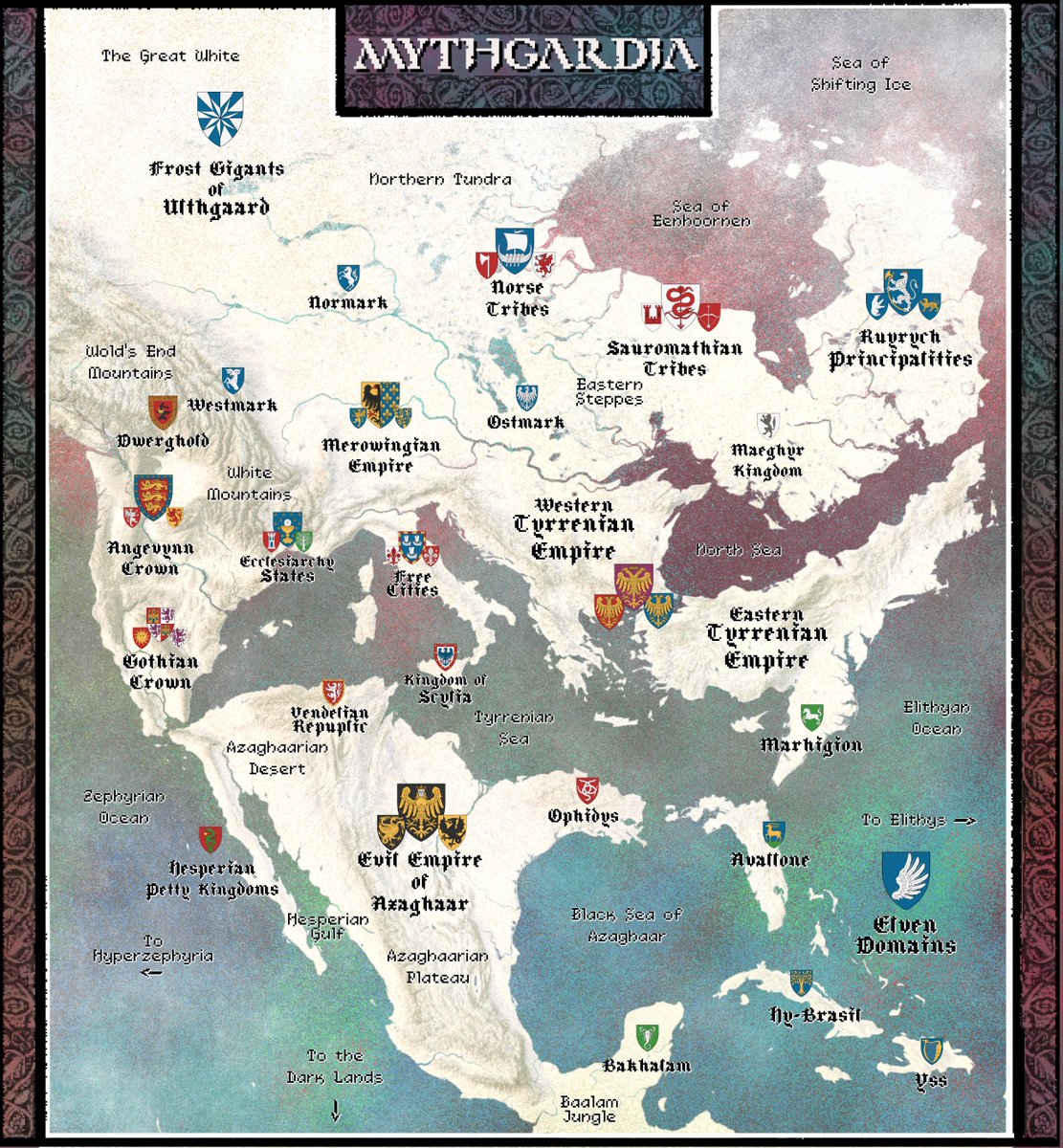 vintaddicted's tweet photo. Since I’m building a sandbox setting, I wanted to put that location in somewhere. Naturally, I told myself, "A pseudo-medieval fantasy Europe will do," but then I had a stupid idea: "What if we superimposed Europe onto the Americas?"

Mexican Orcs? Now we're talking. https://t.co/IfPpVSM9a2