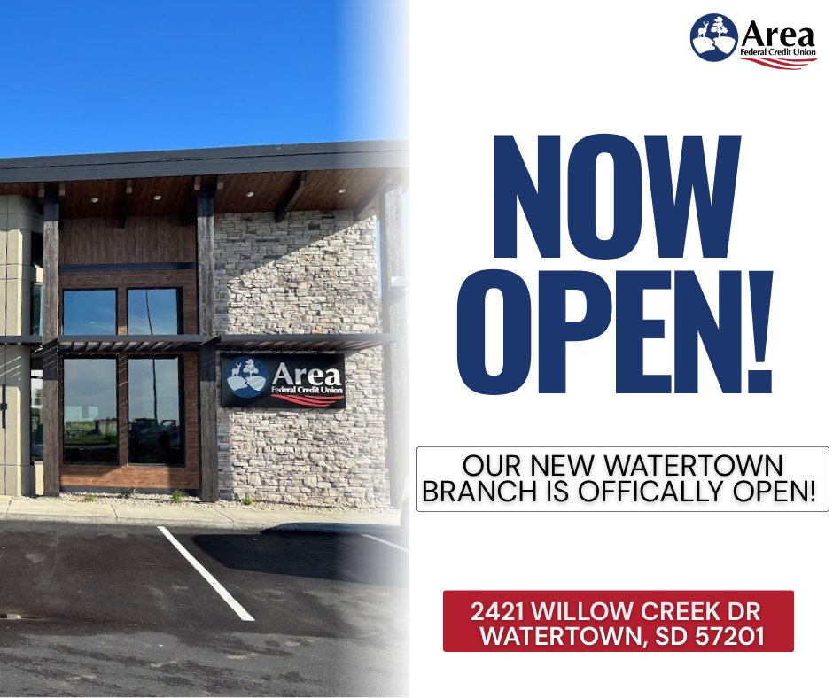 AberdeenFCU's tweet photo. 🎉 Our new Watertown branch is NOW OPEN!! 🎉

We’re excited to welcome you to our new location! Come visit us at:
📍 2421 Willow Creek Drive
Watertown, SD 57201
🕘 Hours:
Monday–Friday | 9:00 AM–5:00 PM
🎊 More information about our Grand Opening celebration is coming soon! https://t.co/4QvnJ8Jpy4
