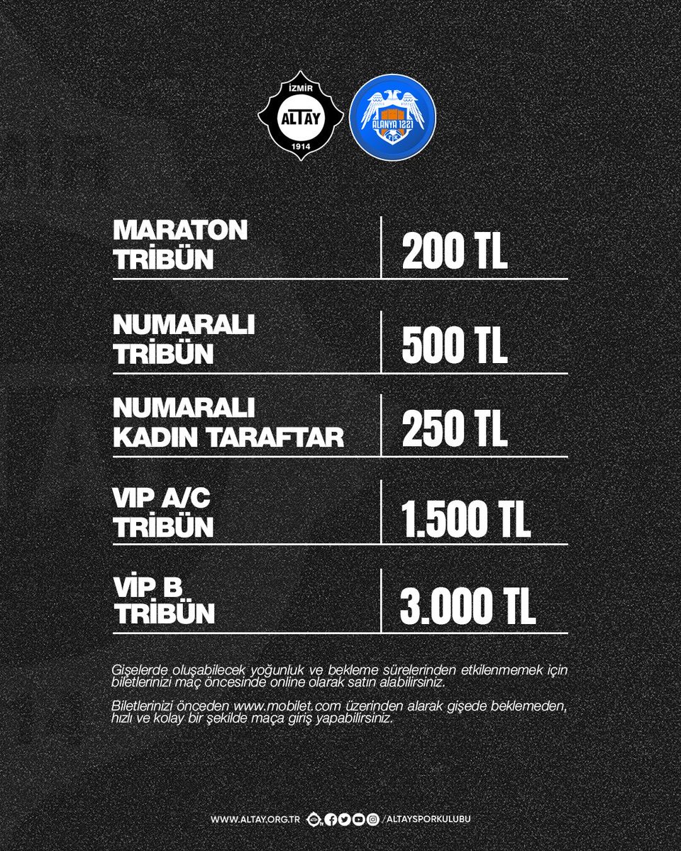AltaySporKulubu's tweet photo. Nesine 3. Ligin 5. Haftasında Cumartesi günü evimiz Alsancak Mustafa Denizli Stadı’nda oynayacağımız Alanya 1221 FK karşılaşmasının biletleri https://t.co/Hbo8swG33E sistemi üzerinden satışa çıktı. Gişede sıra beklememeniz için biletinizi önceden Mobilet üzerinden satın almanızı öneririz.

📎 https://t.co/bgbmuccrrM

* Mobilet platformunda ücretsiz olarak üyelik oluşturarak Online olarak bilet satın alma işleminizi yapabilir ve mobilet mobil uygulamasında oluşacak Online biletiniz ile maça giriş yapılabilirsiniz.
* Kağıt bilet satın almak isteyen taraftarlarımız maç günü stadyum gişelerinden biletlerini alabilirler.
* Kadın taraftarlarımız maç günü stadyum gişelerinden indirimli Numaralı Tribün biletlerini satın alabilirler.