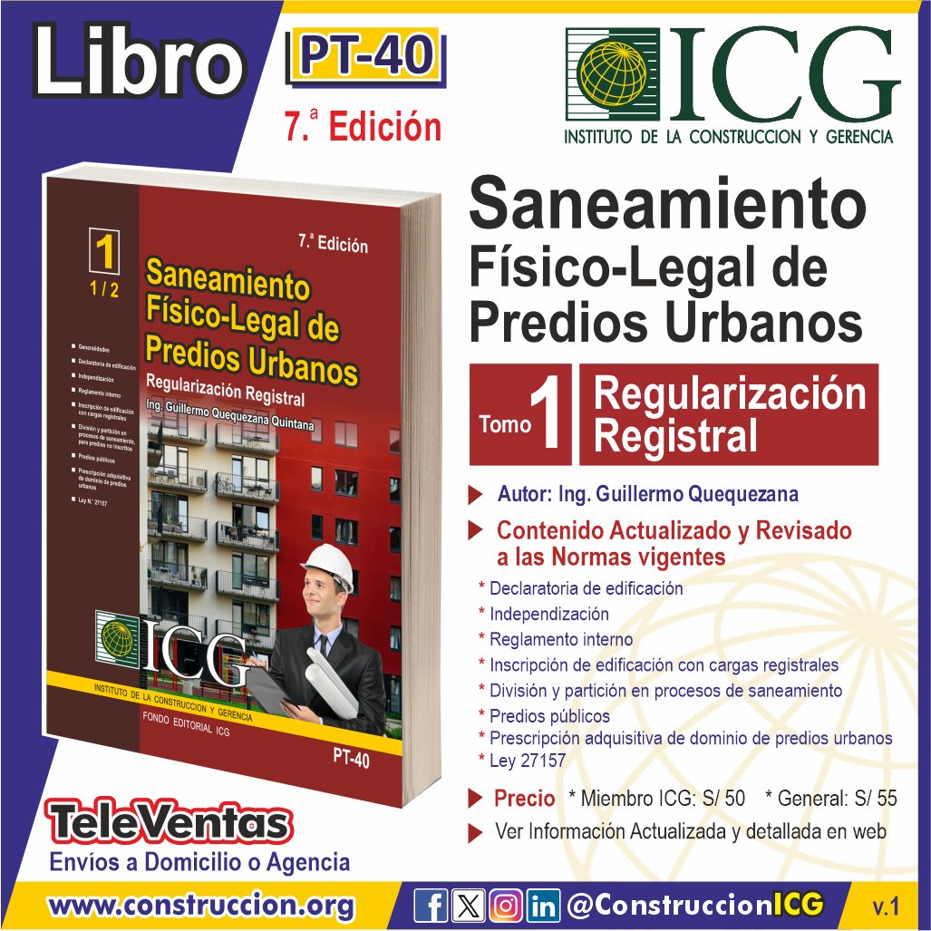 ConstruccionICG's tweet photo. #LibroICG | PT-40 Saneamiento Físico-Legal de Predios Urbanos 7.a Edición – TOMO 1: Regularización Registral
🏢 Este libro reúne los procedimientos, normativa vigente y casos prácticos que todo profesional del sector debe conocer.
📌 Ver detalles: https://t.co/zvc6yaabY4 https://t.co/0FpXUsz0RH