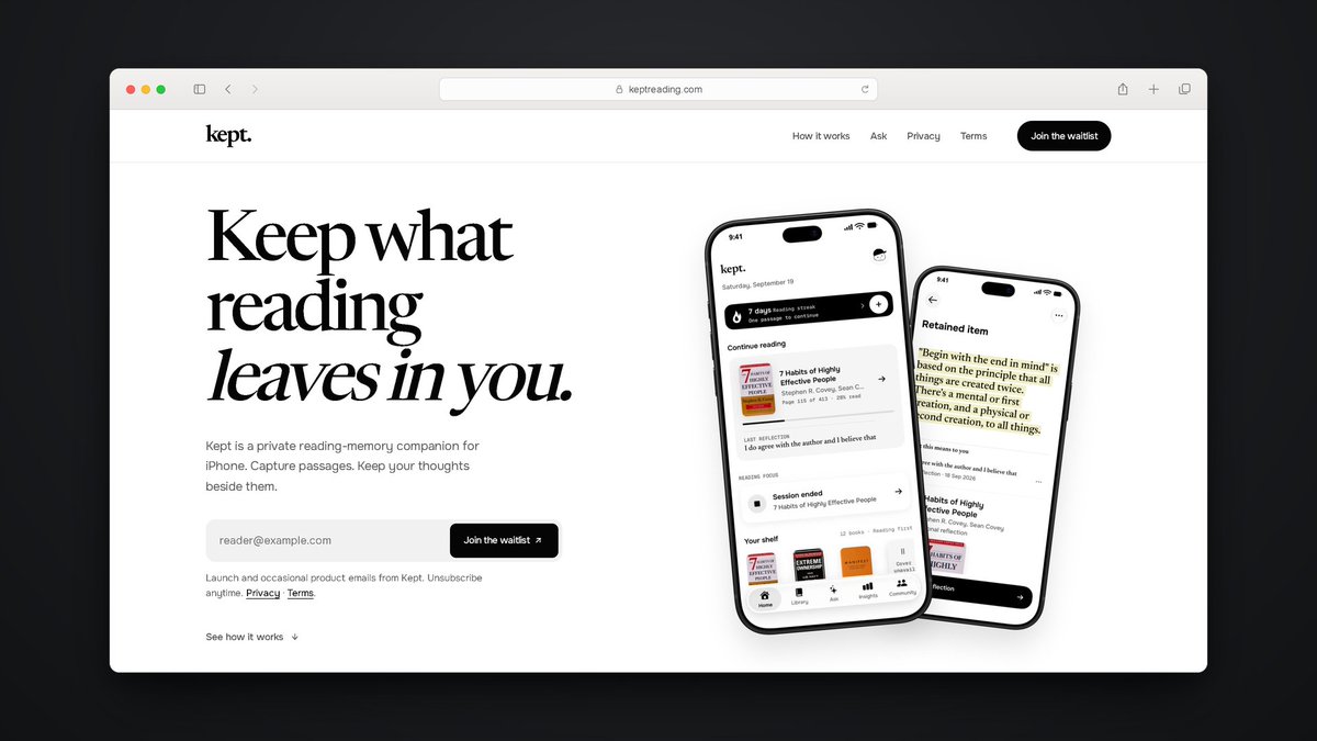 kaisdev's tweet photo. I built the waitlist site for Kept, the reading app I’m making for iPhone.

https://t.co/p2Cid9n29J

Not out yet. Join the waitlist.

#buildinpublic #indiehackers #iosdev #readingapp #BookTok https://t.co/FliAKSJBD4