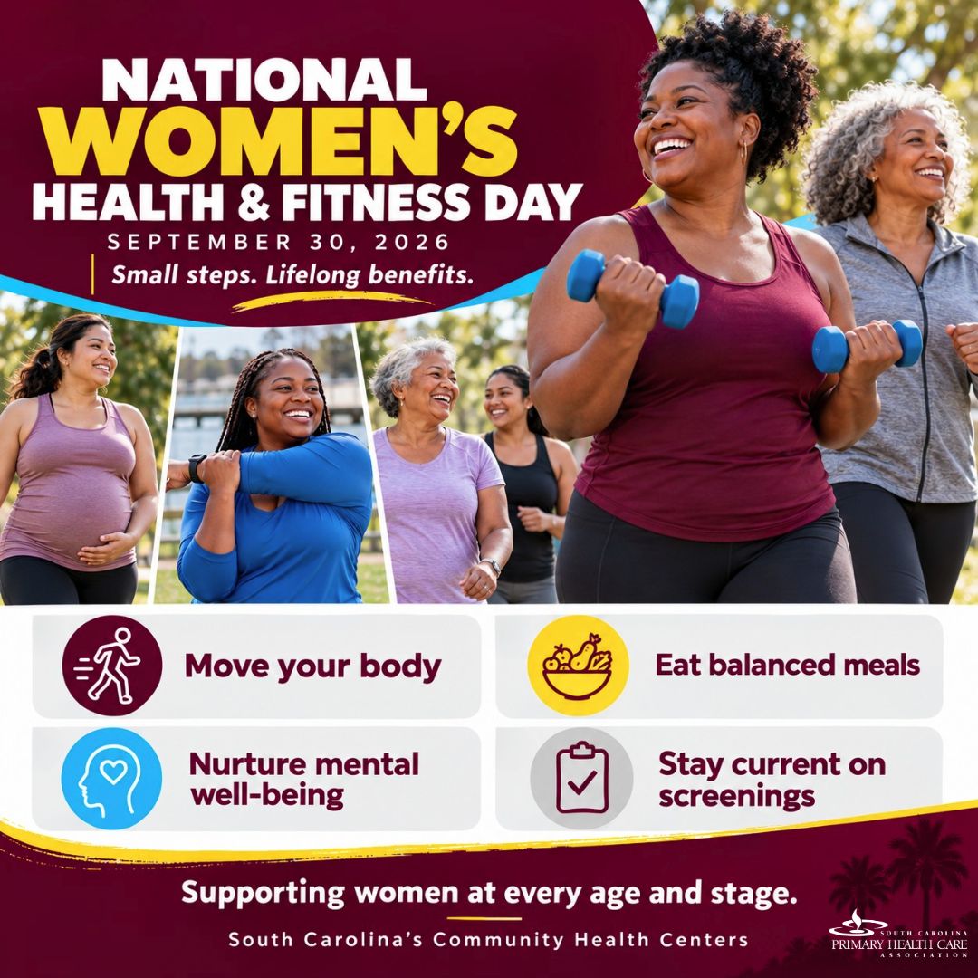 SCPHCA's tweet photo. Happy National Women’s Health & Fitness Day! 🏋️♀️🧘♀️
Today is a reminder to prioritize your physical and mental well-being. From movement to routine checkups, taking care of yourself is essential.
#WomensHealth #SCPHCA #CommunityHealth #PreventativeCare https://t.co/7TvbqmMI4A