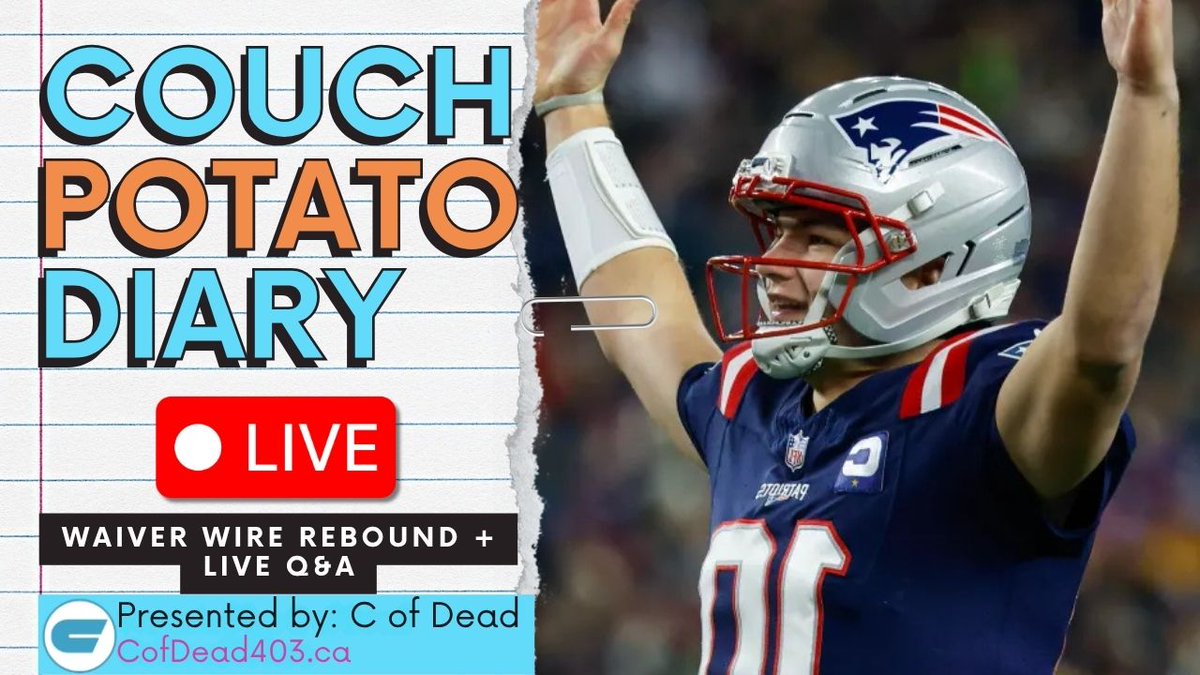 primetimeklein's tweet photo. Couch Potato Diary, presented by @CofDead1 goes LIVE at 10:15 am MT today!

Miss your target on the #FantasyFootball Waiver Wire? I've got you covered with the Waiver Wire Rebound.

Plus whatever else you want to chat about!

📺 https://t.co/zQraH3BK43

🟪 https://t.co/m2rC3roDy9 https://t.co/fbnwOCYuDj