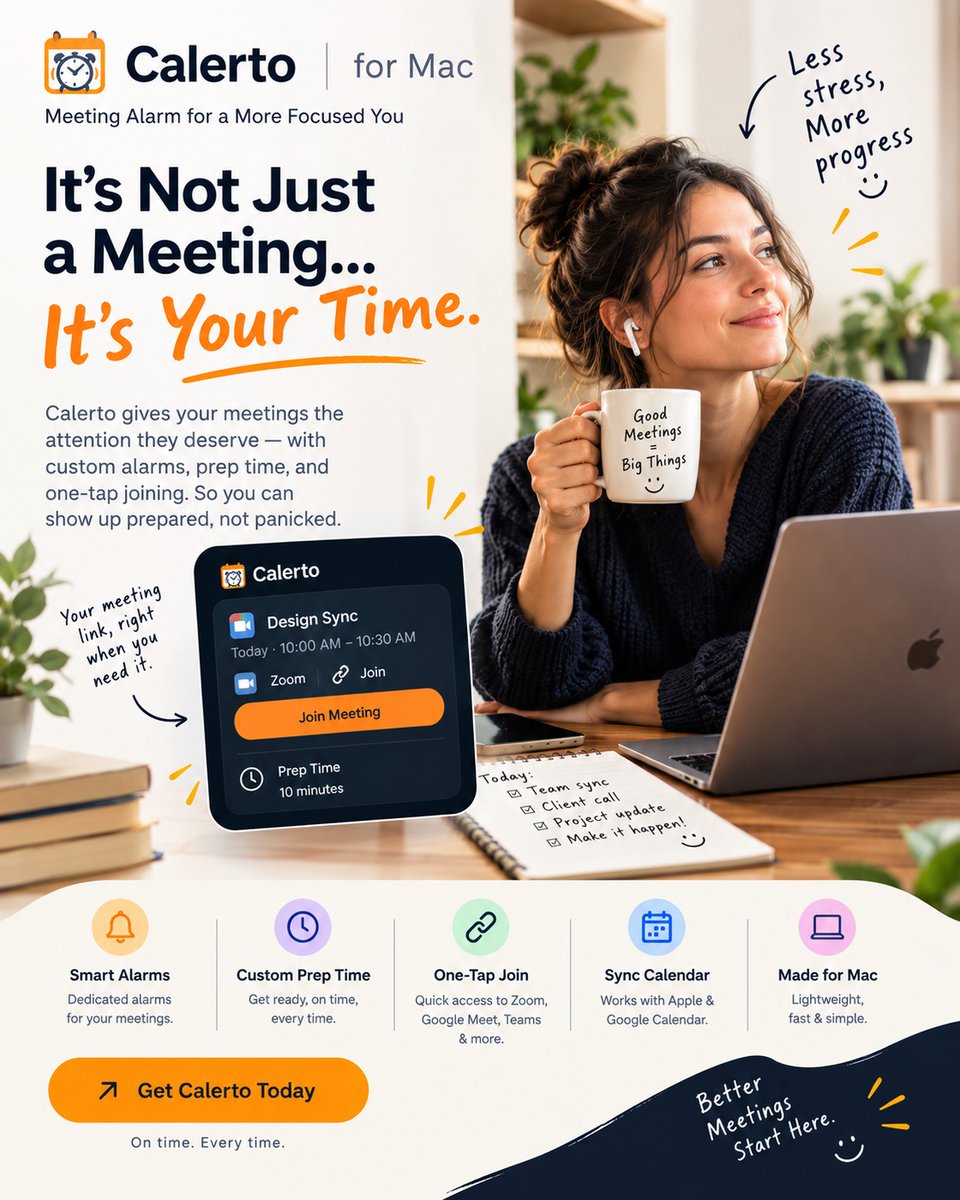 RJiOSDEV's tweet photo. write caption for this post
Meetings take time. Calerto helps you make that time count. ⏰💻

Get the reminder before the rush, give yourself time to prepare, and jump into your meeting when you’re ready.

Because better meetings don’t start with panic. They start with preparation. ✨

Your time matters. Calerto helps you stay in control.

Get Calerto → https://t.co/jXy1arndIN

#Calerto #MacApp #ProductivityTools #MeetingProductivity #TimeManagement #RemoteWork #MacUsers #WorkSmarter
