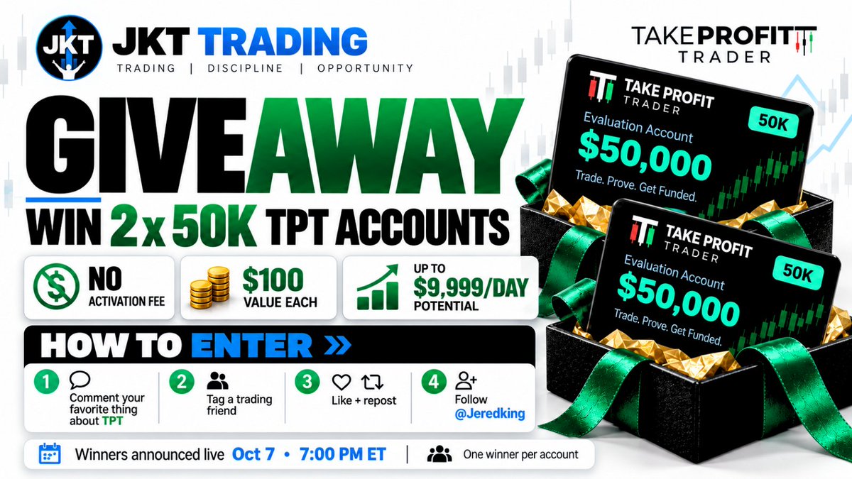 JeredKing's tweet photo. 🎁 GIVEAWAY: 2× $50K Take Profit Trader accounts

No activation fee

Get a chance at something life-changing

To enter:

Comment your favorite thing about TPT + tag a trading friend or mentor
❤️ Like
🔁 Repost
 Follow @Jeredking

Winners announced LIVE Oct 7 • 7 PM ET
Rules 👇 https://t.co/12l5ToLlfC