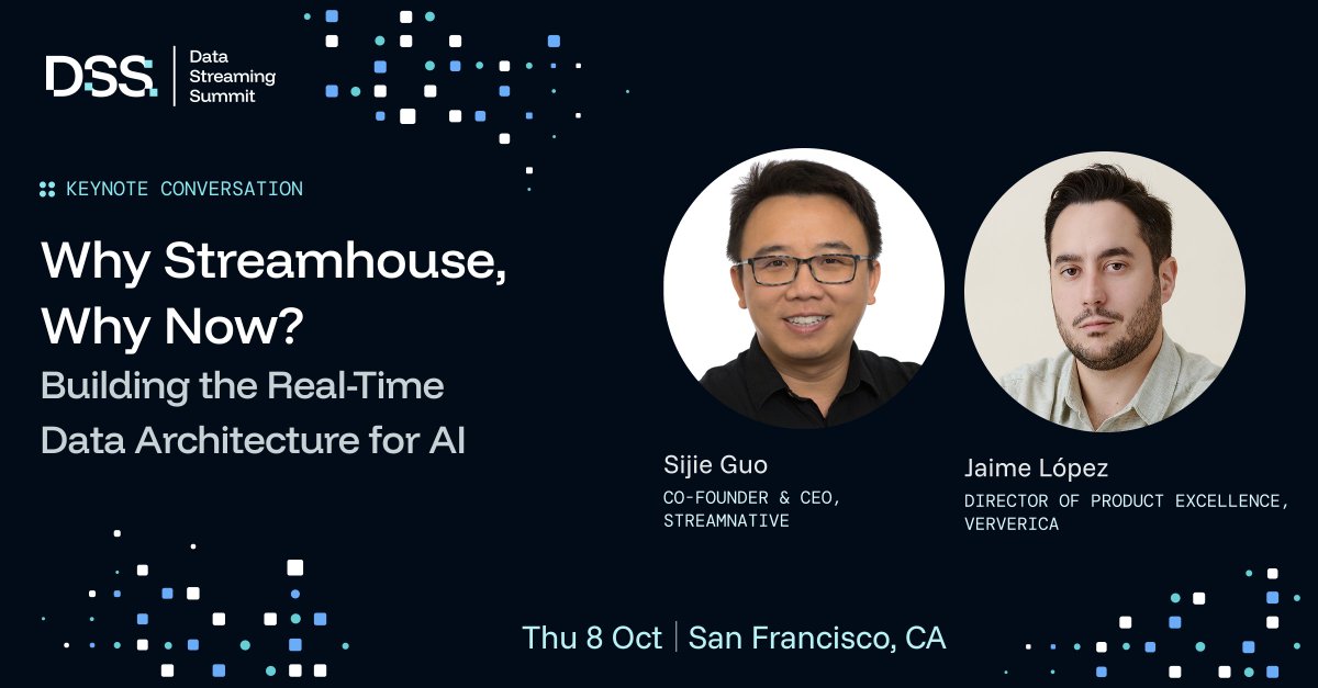 apache_pulsar's tweet photo. What does real-time data infrastructure need to look like for the AI era?
At #DSS2026, Jaime López of Ververica joins StreamNative CEO Sijie Guo to explore how real-time, production-native data architecture can support applications, analytics, and AI agents — and how #Streamhouse fits alongside the lakehouse.

Streamhouse is an open, vendor-neutral architecture designed to keep business data continuously available to applications, analytics & AI agents.

🎟️ Register: https://t.co/TXmMlB4scr

#DSS #RealTimeData #AI