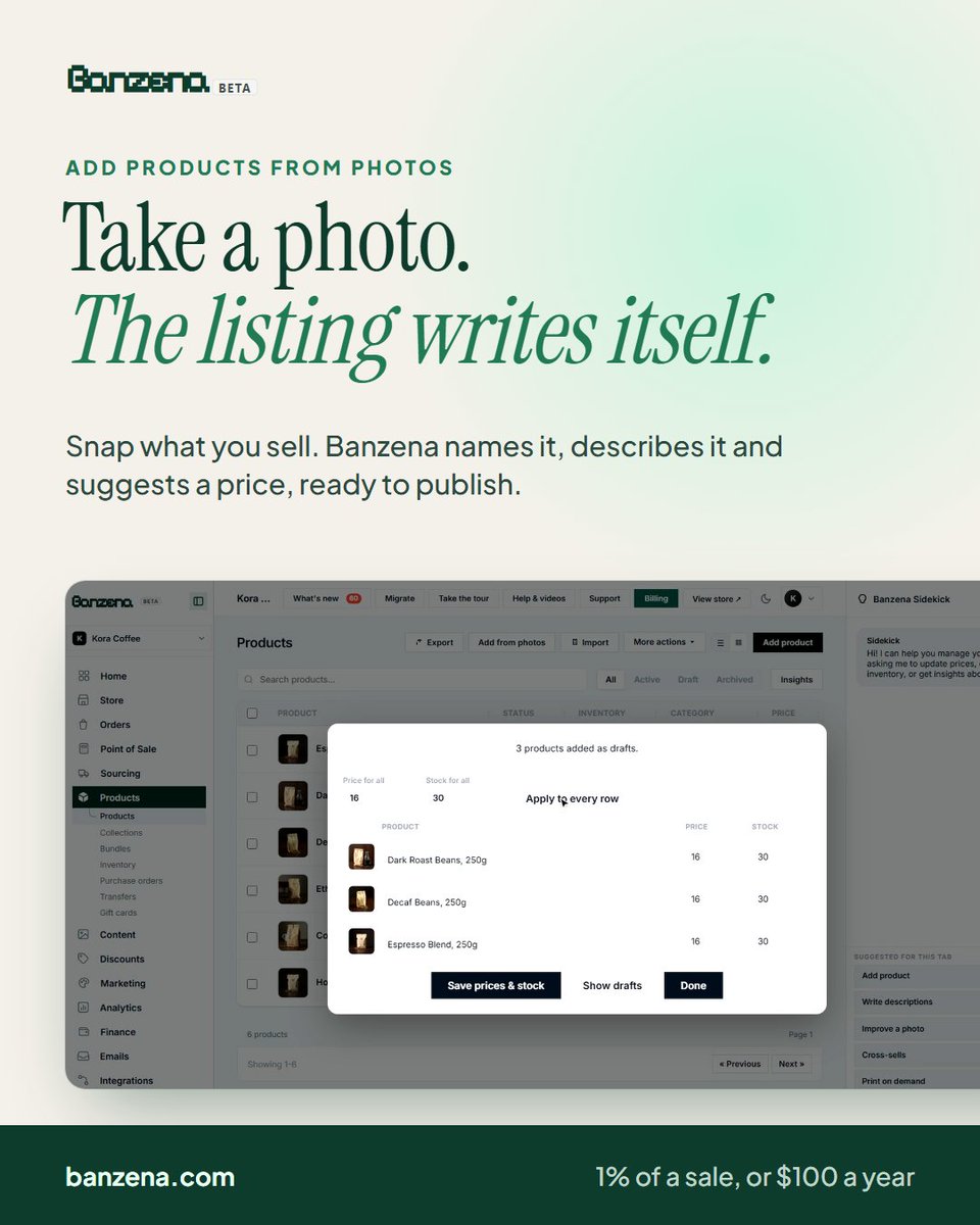 Banzenaplatform's tweet photo. Take a photo. The listing writes itself.

Snap what you sell and Banzena writes the name, the description and a price. Each one lands as a draft you check before it goes live.

Watch it in 59 seconds: https://t.co/gGIj9x0qAO

#Banzenaplatform #ecommerce #smallbusiness https://t.co/Wrh0j7VZD1