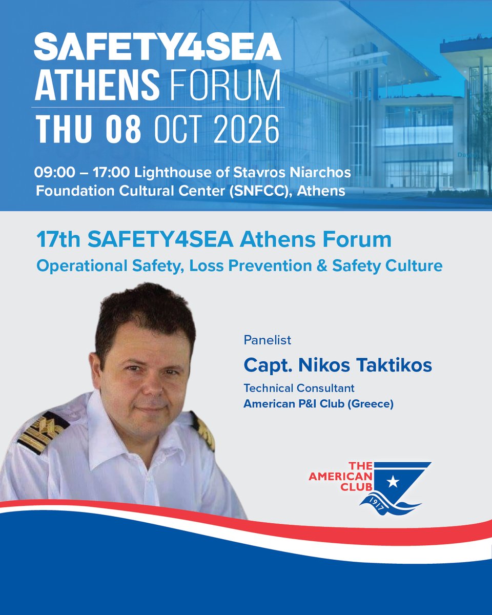 americanpandi's tweet photo. #AmericanPandI's Capt. Nikos Taktikos joins Panel 1 at the @SAFETY4SEA Athens Forum on 08 October, 09:45–11:15, discussing operational safety, loss prevention, ageing fleets, crew protection, safety culture, and onboard leadership.

🔗 https://t.co/HemVLZrn7O https://t.co/Z1FR2mGP1N