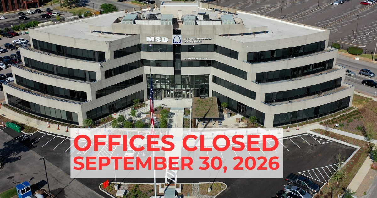 MSDProjectClear's tweet photo. MSD Project Clear’s administrative offices at 2350 Market Street are closed Wednesday, September 30, due to a power outage. We are still responding to service requests. Call 314-768-6260 to report sewer-related issues. https://t.co/XOnYpZmHKD