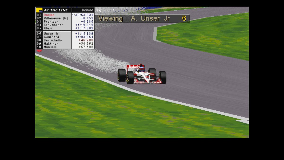 Gp2Joey's tweet photo. 2/6/1996
#F1 Rd7/16 #SpanishGP
Lap 64/65
🟨YELLOW FLAG
⚡️UNSER JR RETIRES FROM 6TH

As the leaders start the final lap disaster strikes for the #Andretti-#Ford team as Al #UnserJr suffers a water leak failure and is forced to retire!
But all eyes are on the leaders! Can #Villeneuve launch one last pass????
#RetroF1 #Retrogaming #Formula1 #GrandPrix