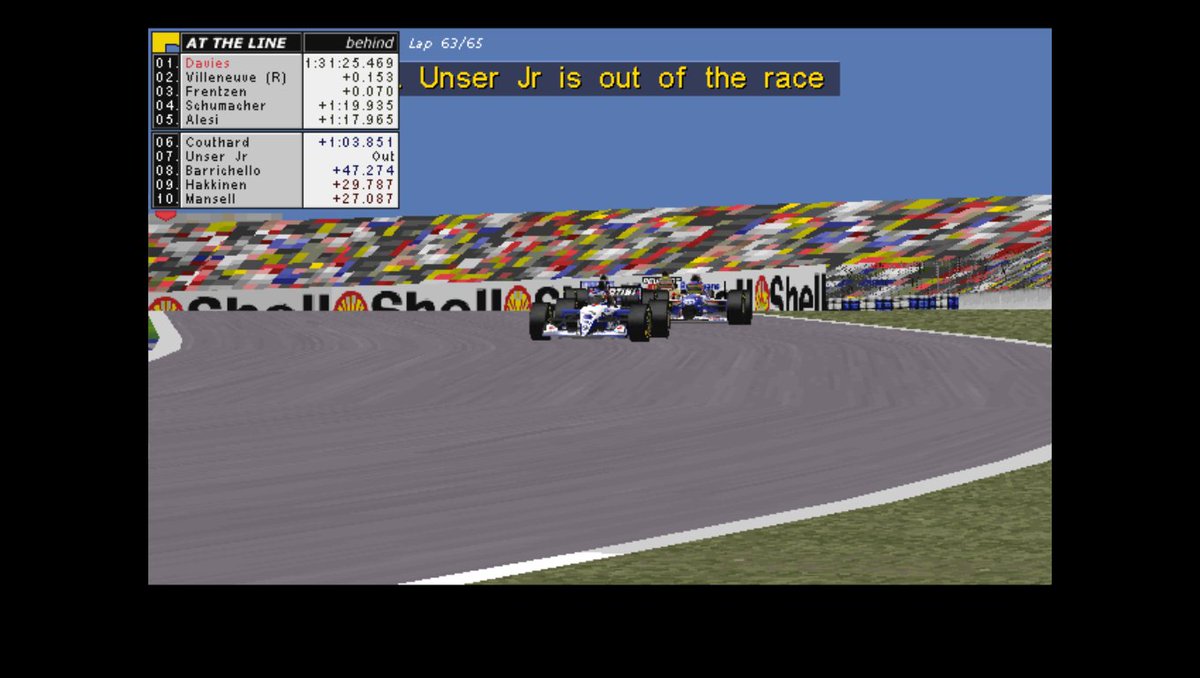 Gp2Joey's tweet photo. 2/6/1996
#F1 Rd7/16 #SpanishGP
Lap 64/65
🟨YELLOW FLAG
⚡️UNSER JR RETIRES FROM 6TH

As the leaders start the final lap disaster strikes for the #Andretti-#Ford team as Al #UnserJr suffers a water leak failure and is forced to retire!
But all eyes are on the leaders! Can #Villeneuve launch one last pass????
#RetroF1 #Retrogaming #Formula1 #GrandPrix