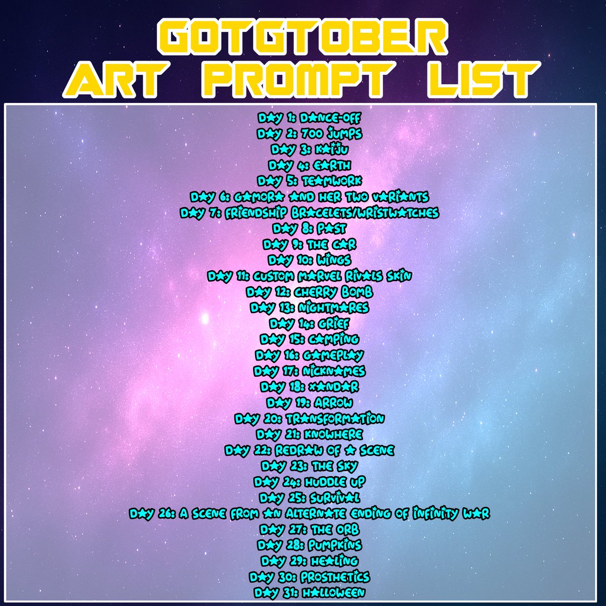 satanzanight's tweet photo. Don't forget to post your entries with the hashtag #GotGtober

Date Start: October 1, 2026
Date Finish: October 31, 2026

#GuardiansOfTheGalaxy #GOTG #October2026 https://t.co/QySatm42kq