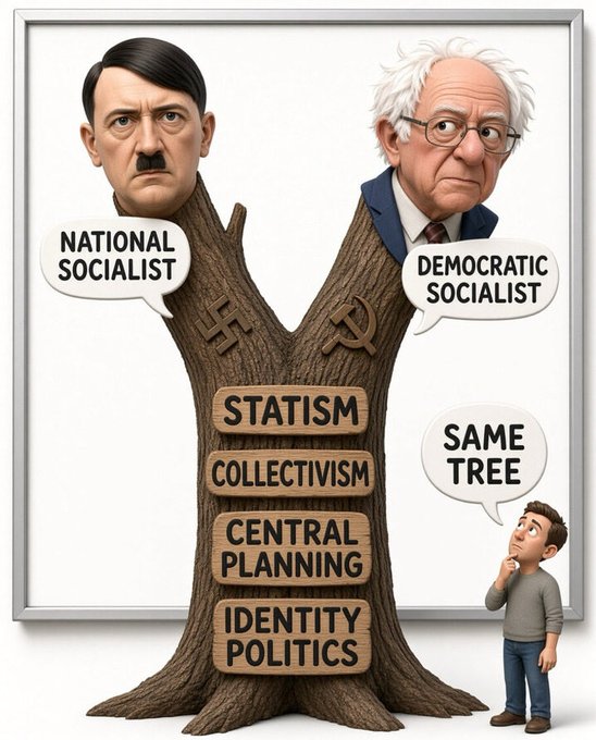 A satirical political cartoon depicting caricatures of Hitler labeled 'NATIONAL SOCIALIST' and Bernie Sanders labeled 'DEMOCRATIC SOCIALIST' as branches of the same 'STATISM' tree, with a character noting they are from the 'SAME TREE'.